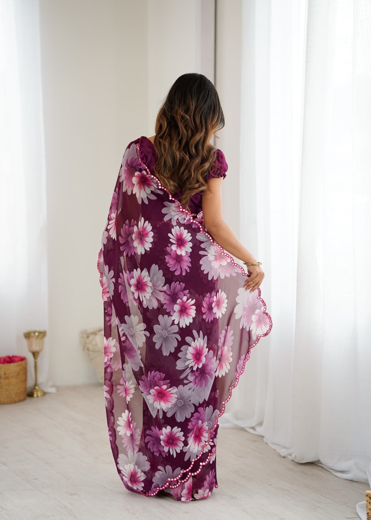 Purple Georgette Saree With Printed Design And Mirror Work
