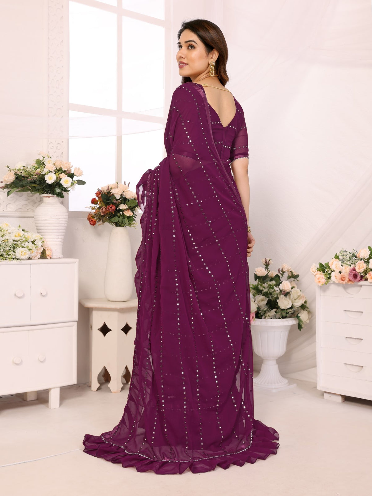 Purple Georgette Saree With Ruffle Saree With Mirror Work With Mirror Work Blouse
