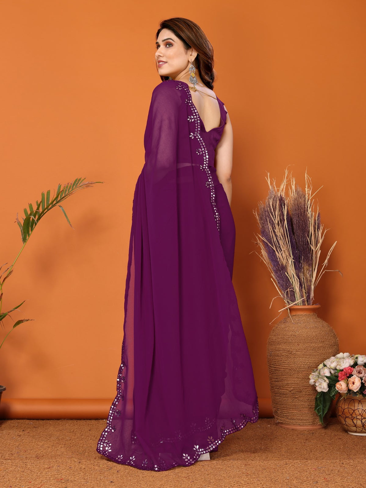 Purple Georgette Saree with Mirror Work