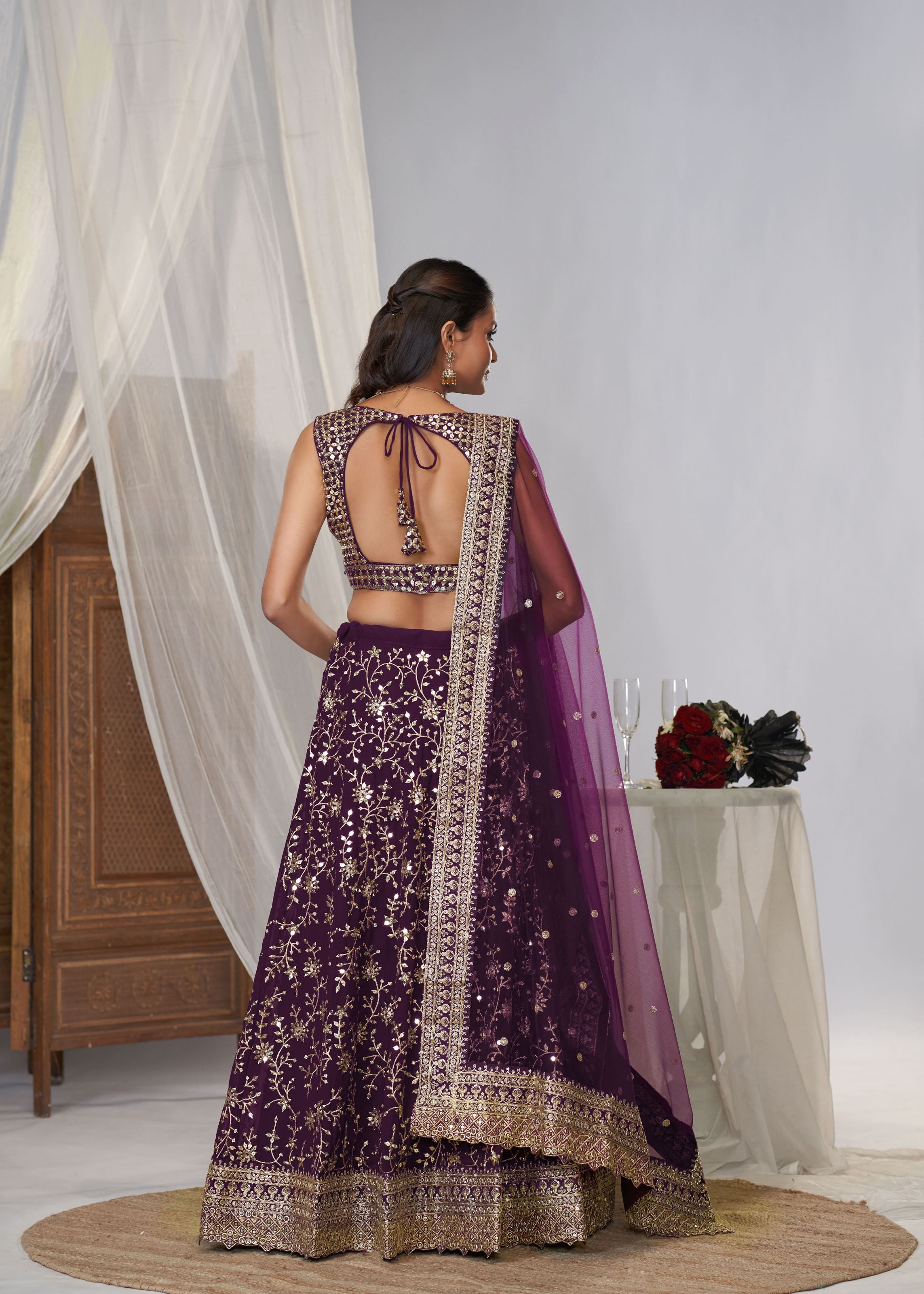 Purple Georgette Sequence Embroidery Work Lehengacholi