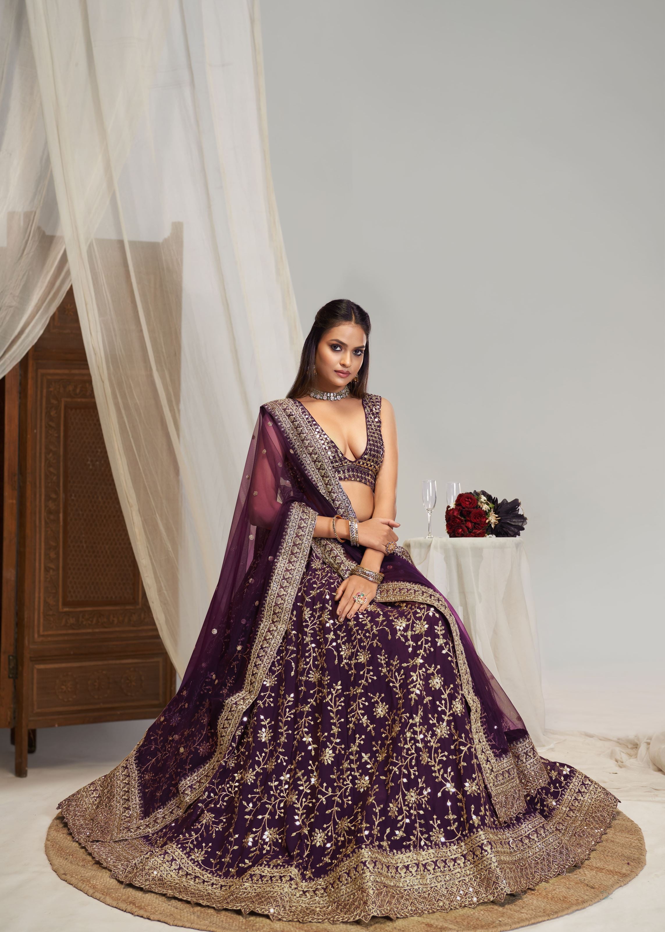 Purple Georgette Sequence Embroidery Work Lehengacholi