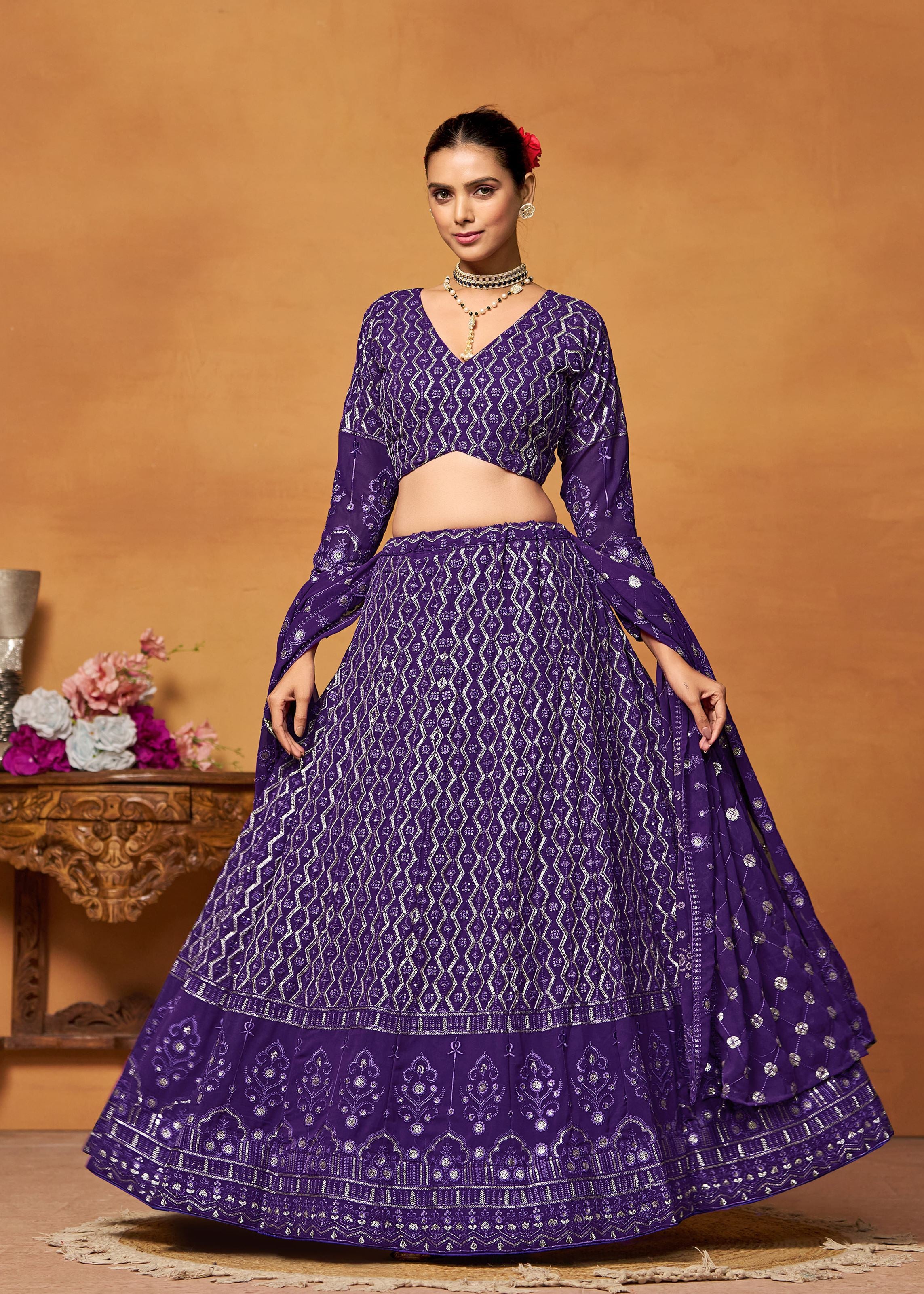 Purple Georgette Thread Sequence Embroidery Work Lehenga Choli