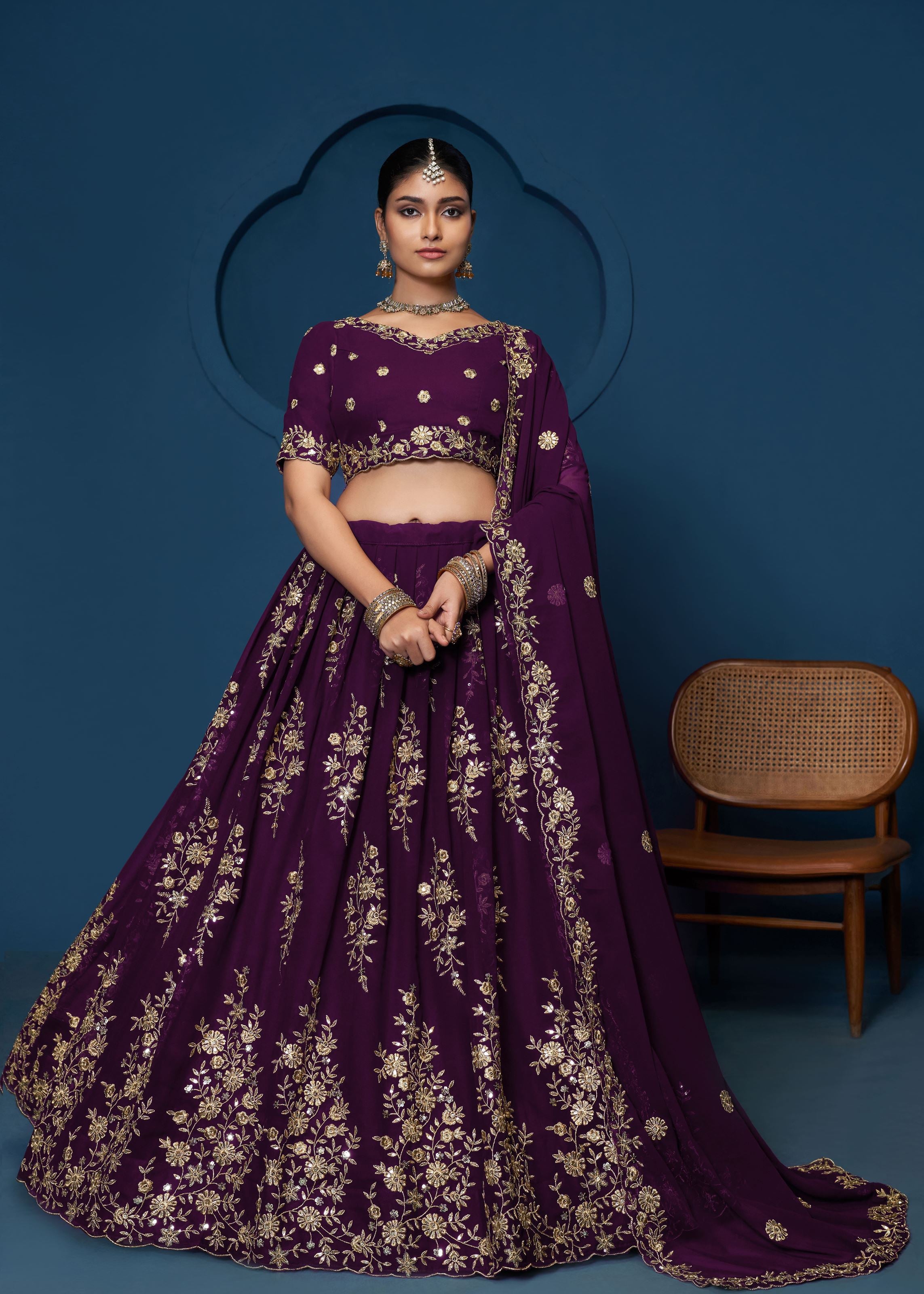 Purple Georgette Thread Sequence Embroidery Work Lehenga Choli