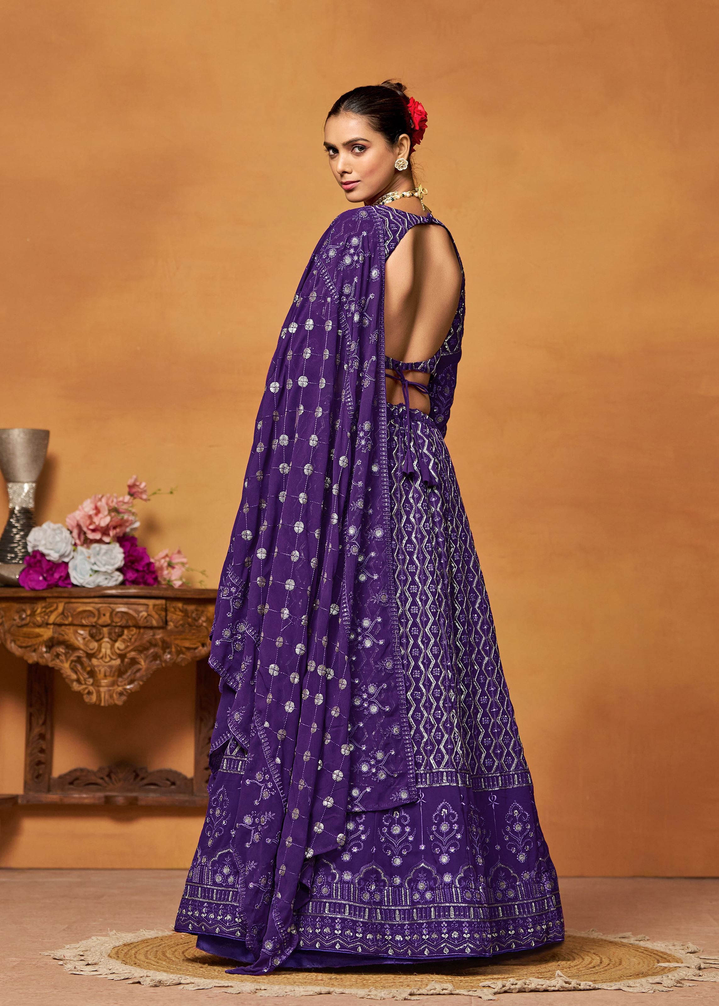 Purple Georgette Thread Sequence Embroidery Work Lehenga Choli