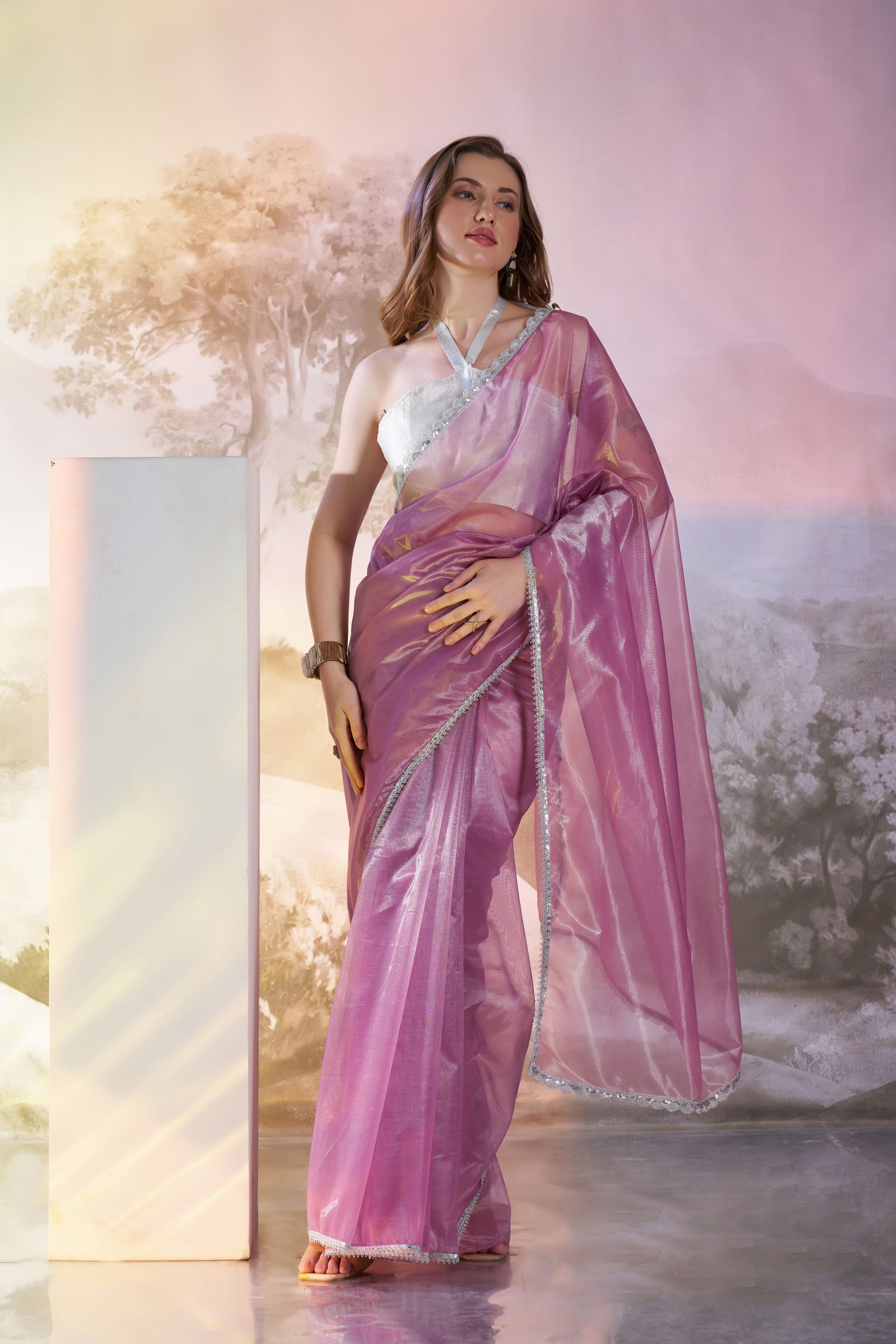 Purple Glamorous Twill Net Solid Designer Partywear Saree