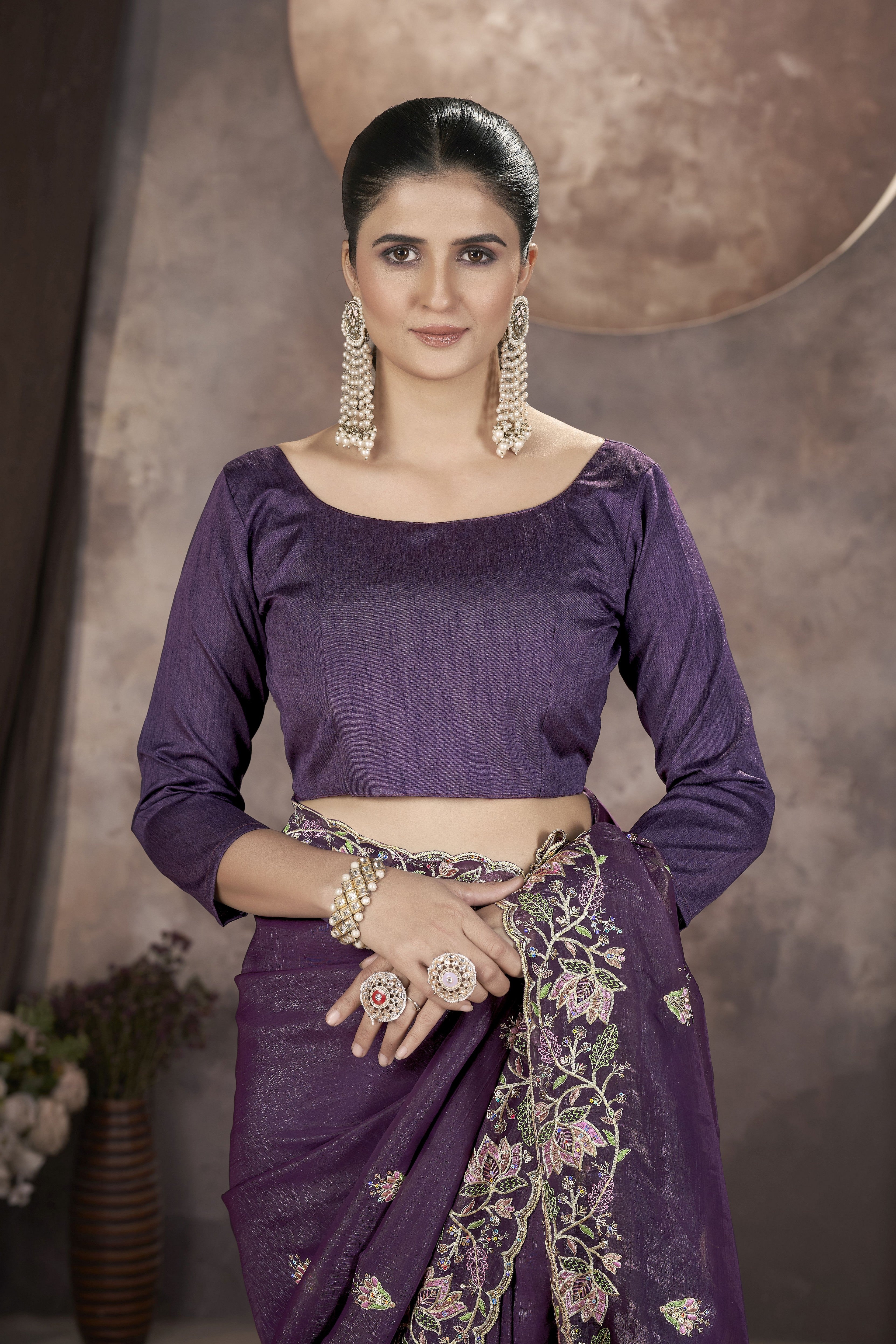 Purple Gold Crunchy Ethnic Partywear Glamorous Saree