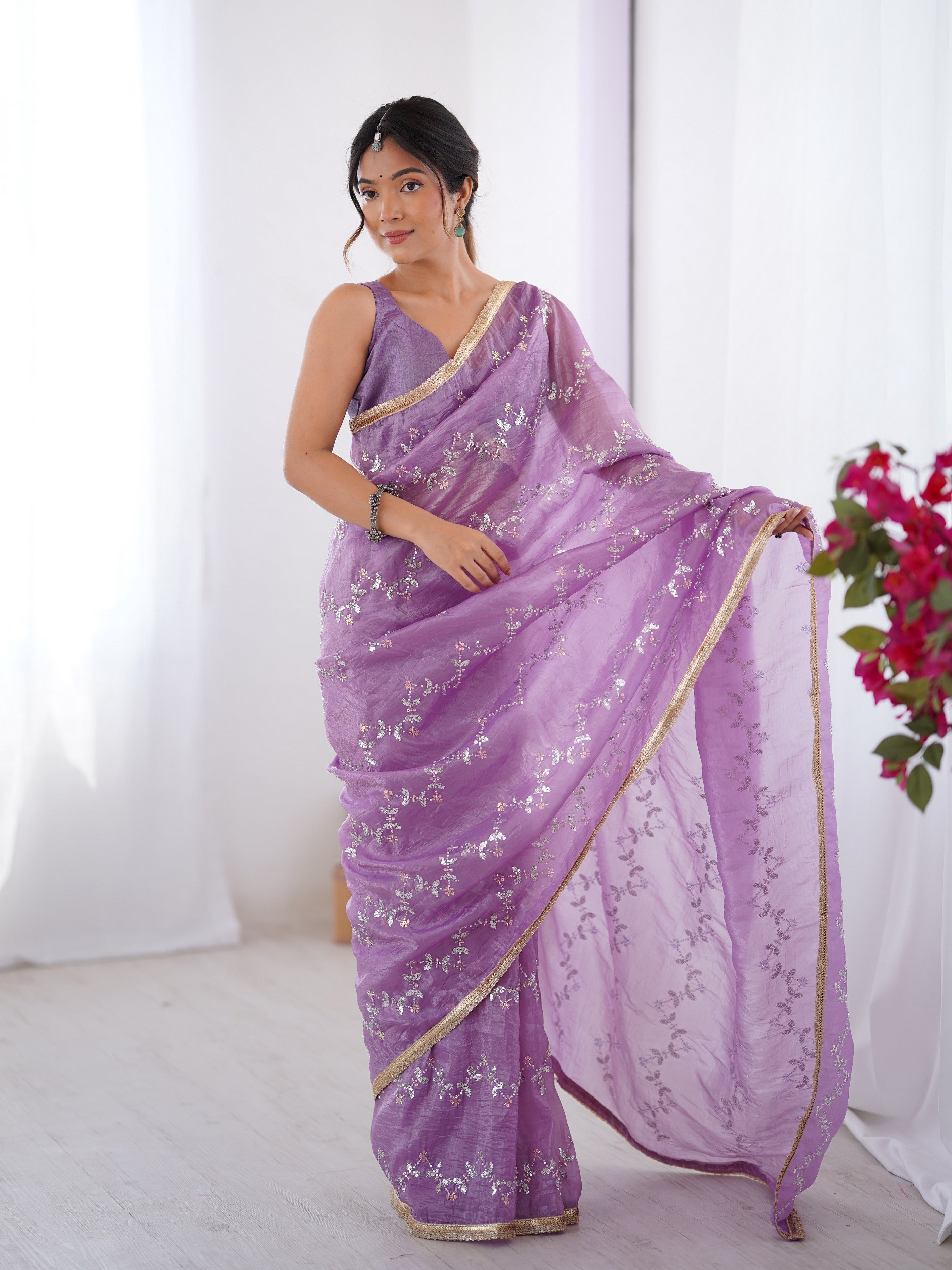 Purple Gold Crush Designer Sequins And Mofis Work Saree
