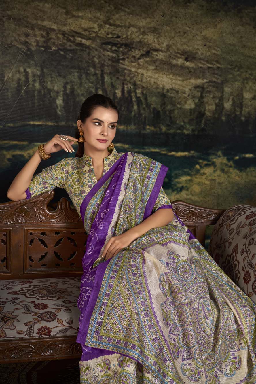 Purple Green Silk Saree with Madhubani & Bandhej Magic