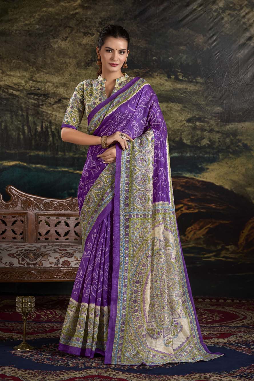 Purple Green Silk Saree with Madhubani & Bandhej Magic