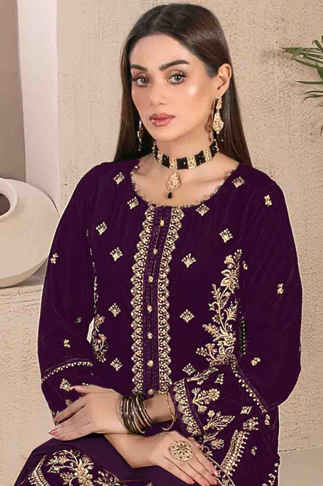 Purple Heavy Designer Suit With Heavy Embroidery Work