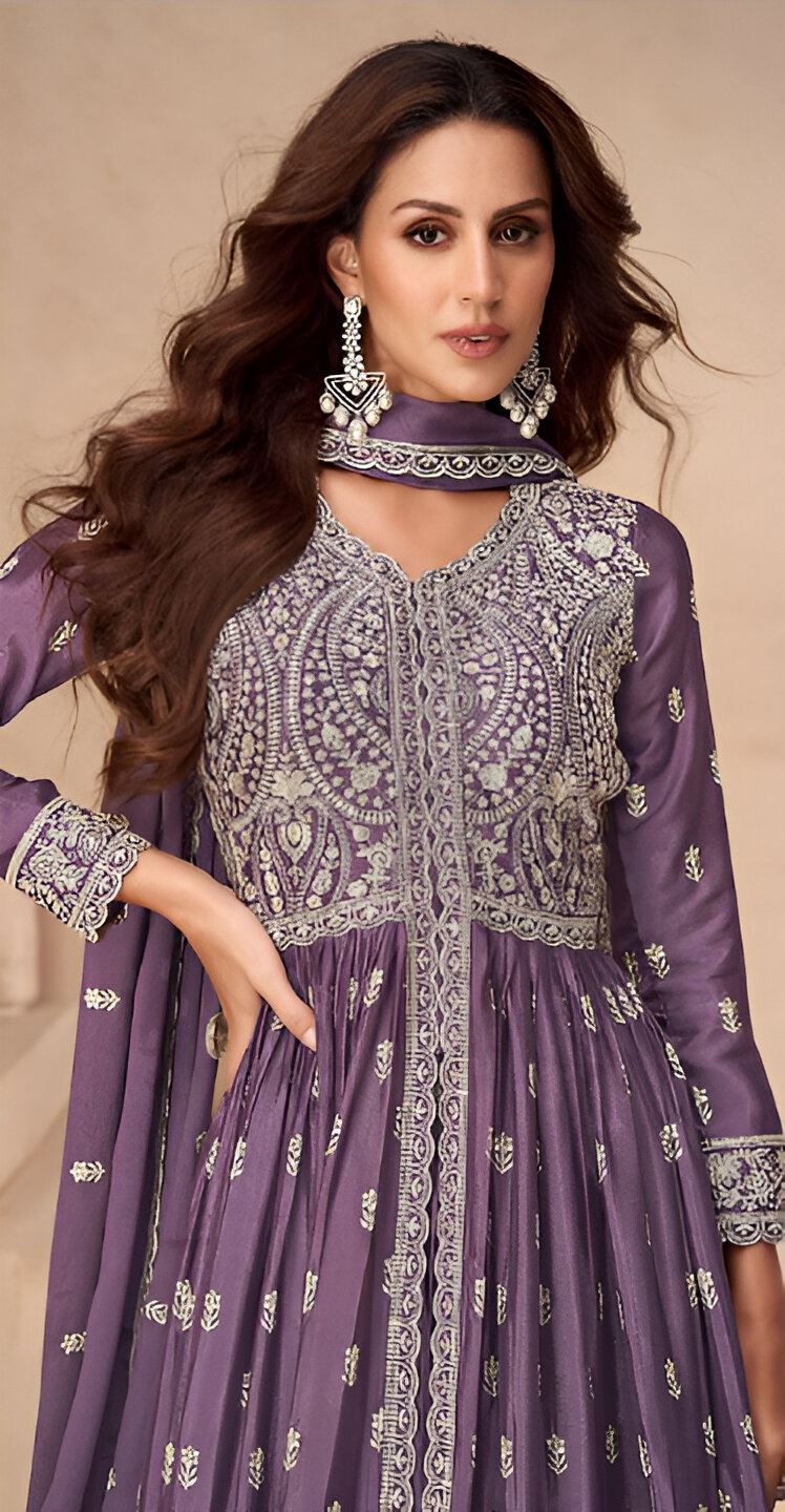 Purple Heavy Designer Suit With Heavy Embroidery Work