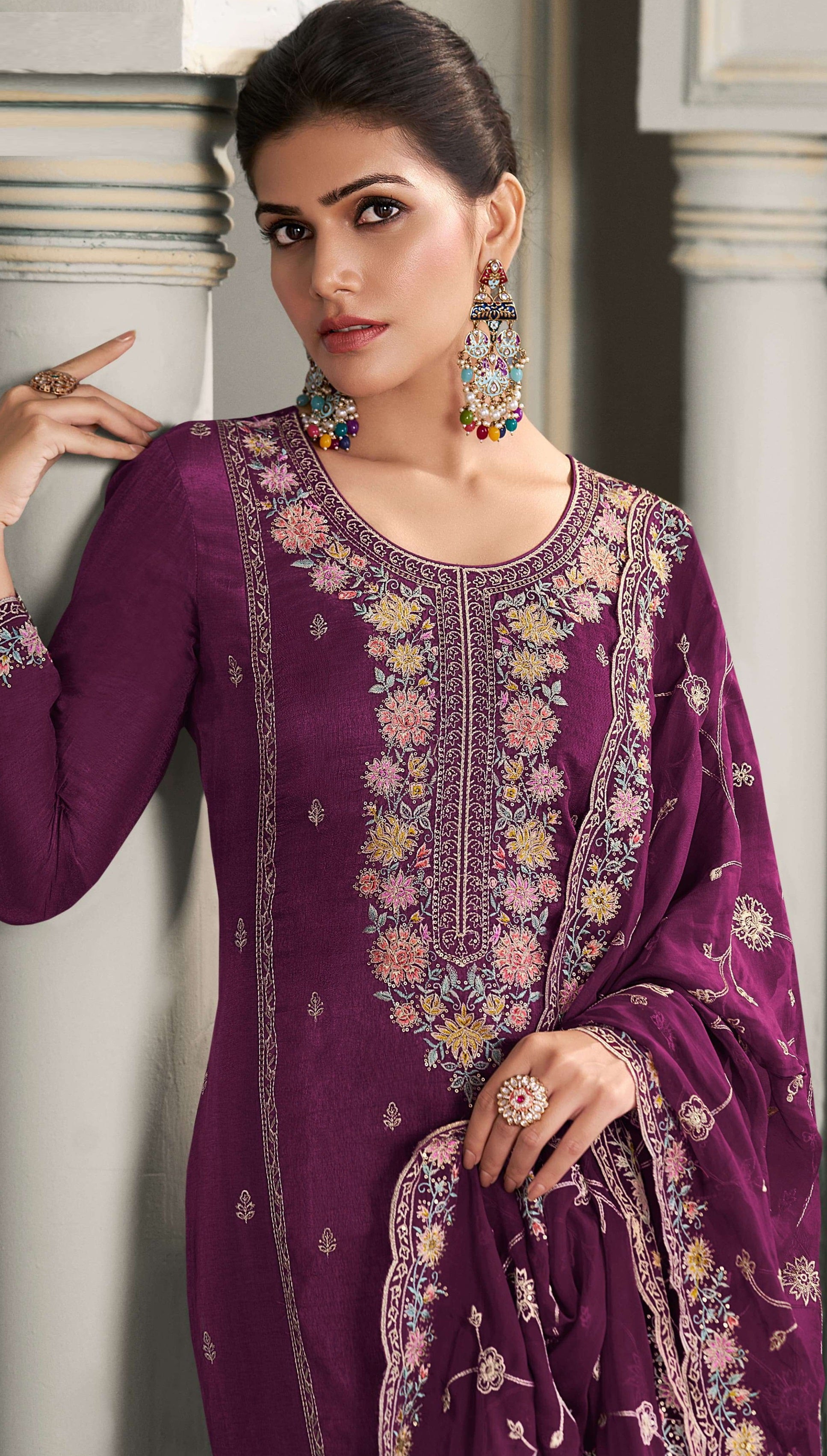 Purple Heavy Designer Suit With Heavy Embroidery Work