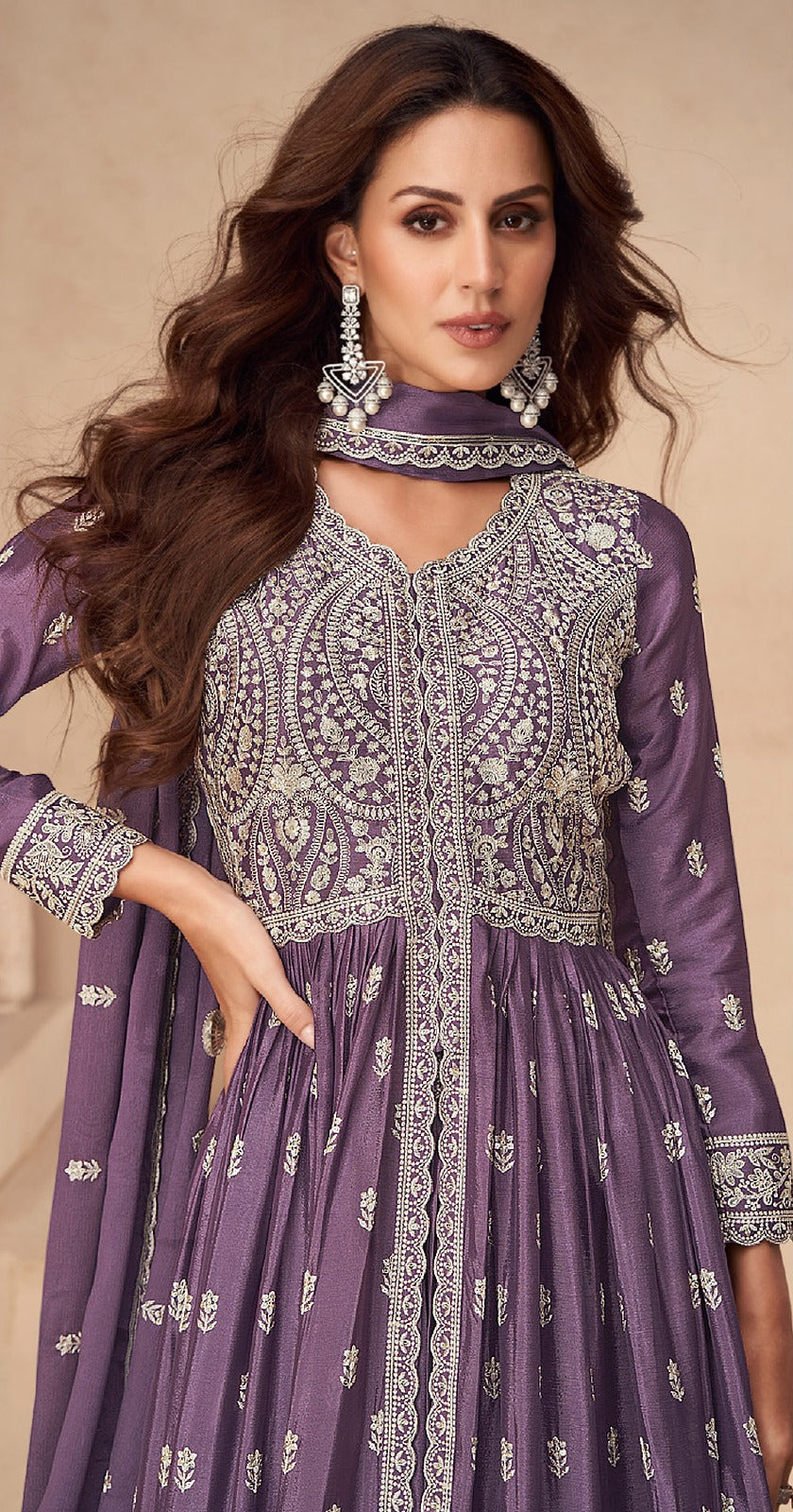 Purple Heavy Designer Suit With Heavy Embroidery Work