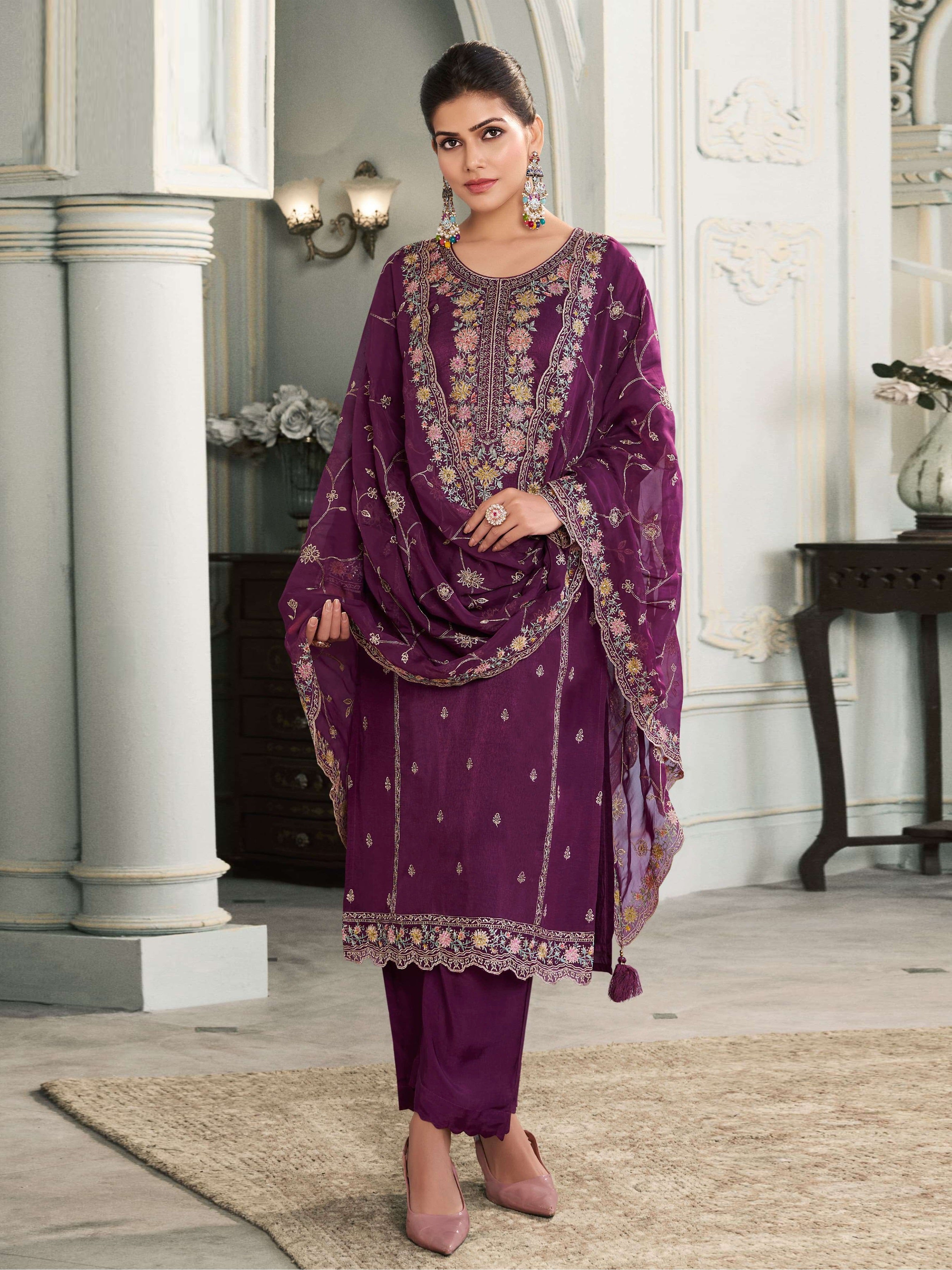 Purple Heavy Designer Suit With Heavy Embroidery Work