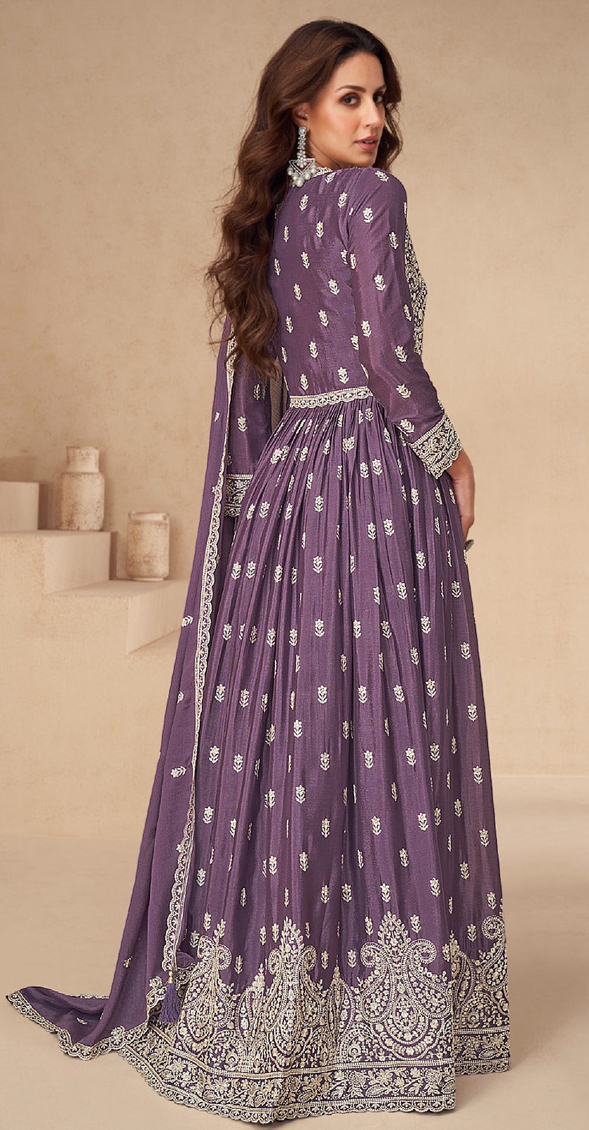 Purple Heavy Designer Suit With Heavy Embroidery Work