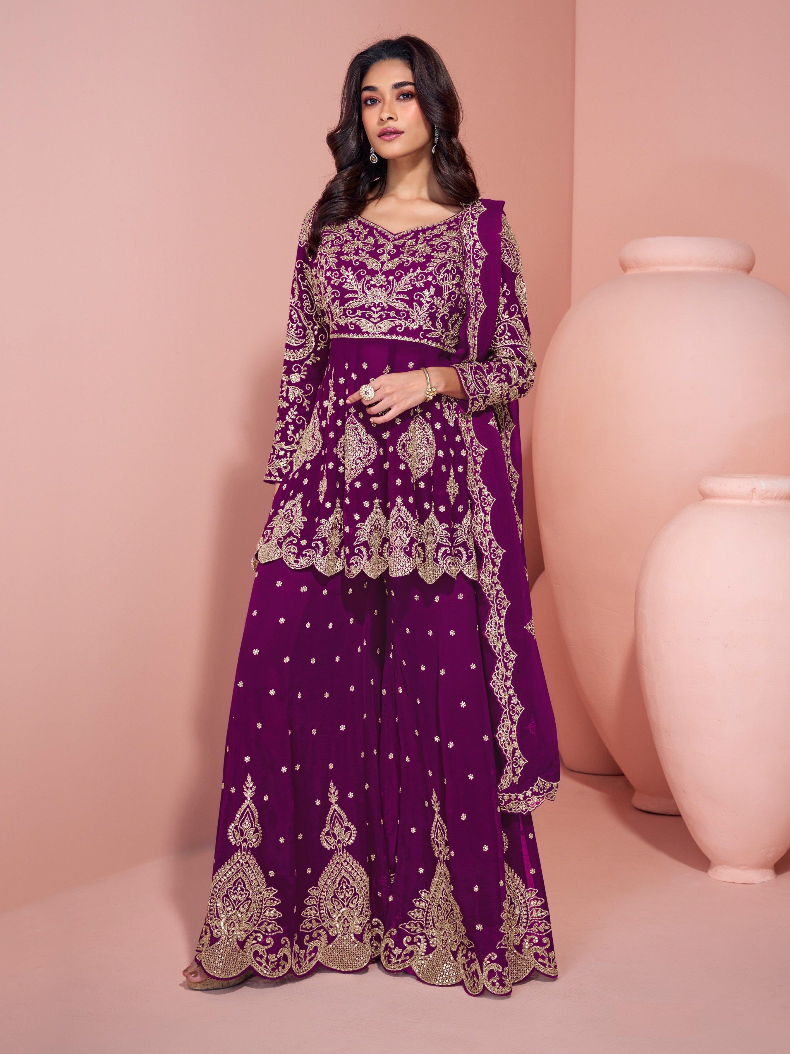 Purple Heavy Designer Suit With Heavy Embroidery Work