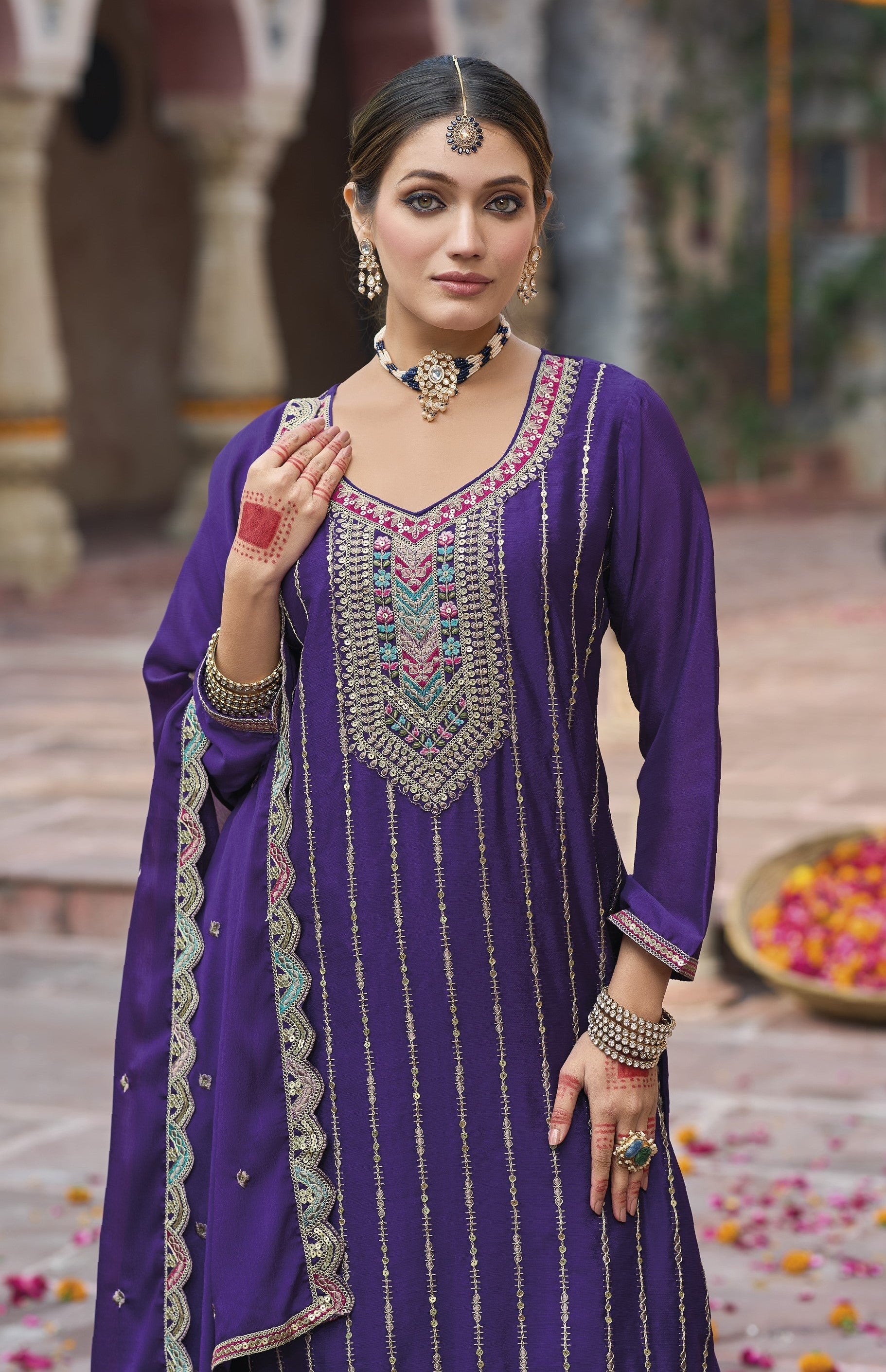 Purple Heavy Designer Suit With Heavy Embroidery Work
