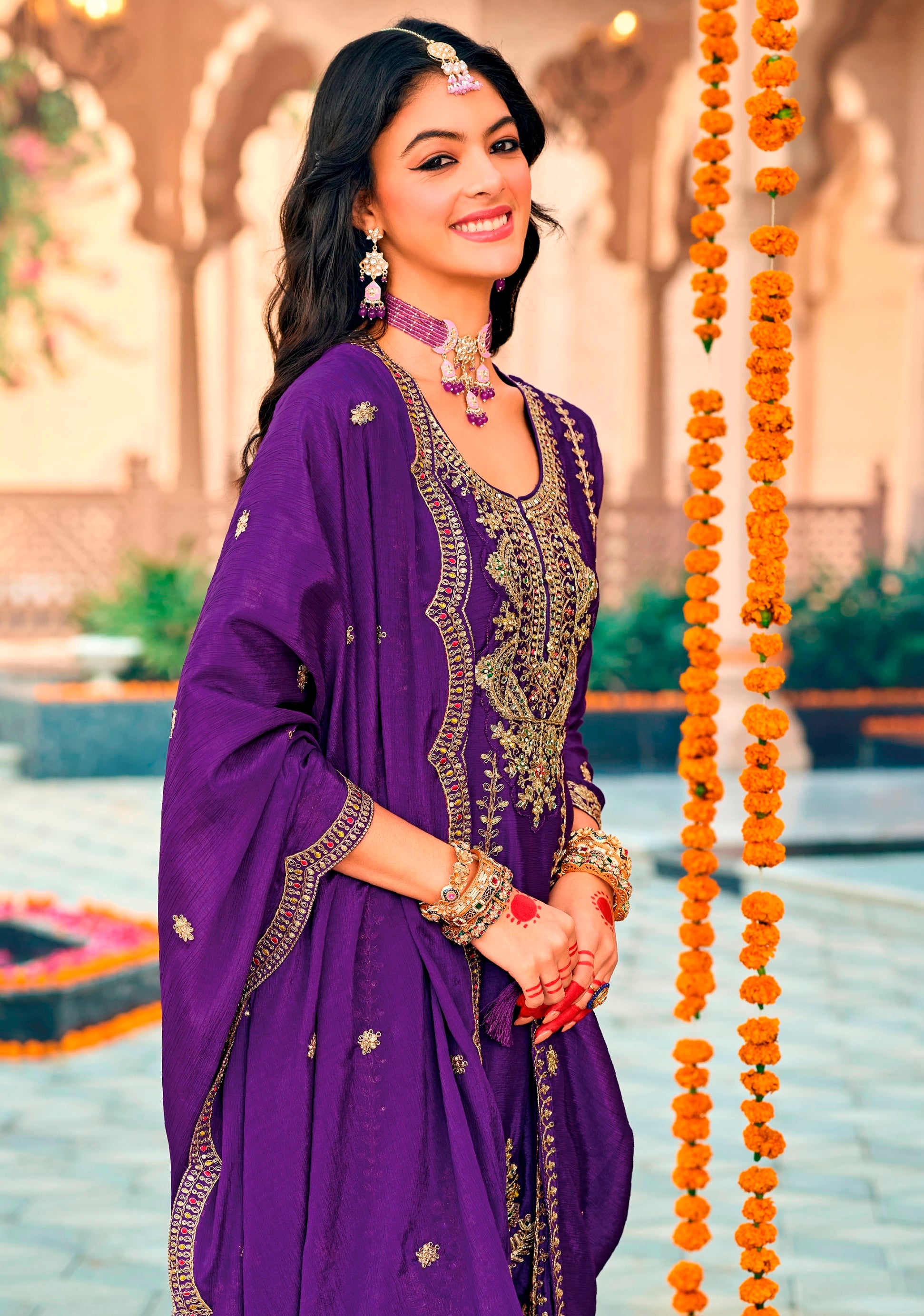 Purple Heavy Designer Suit With Heavy Embroidery Work