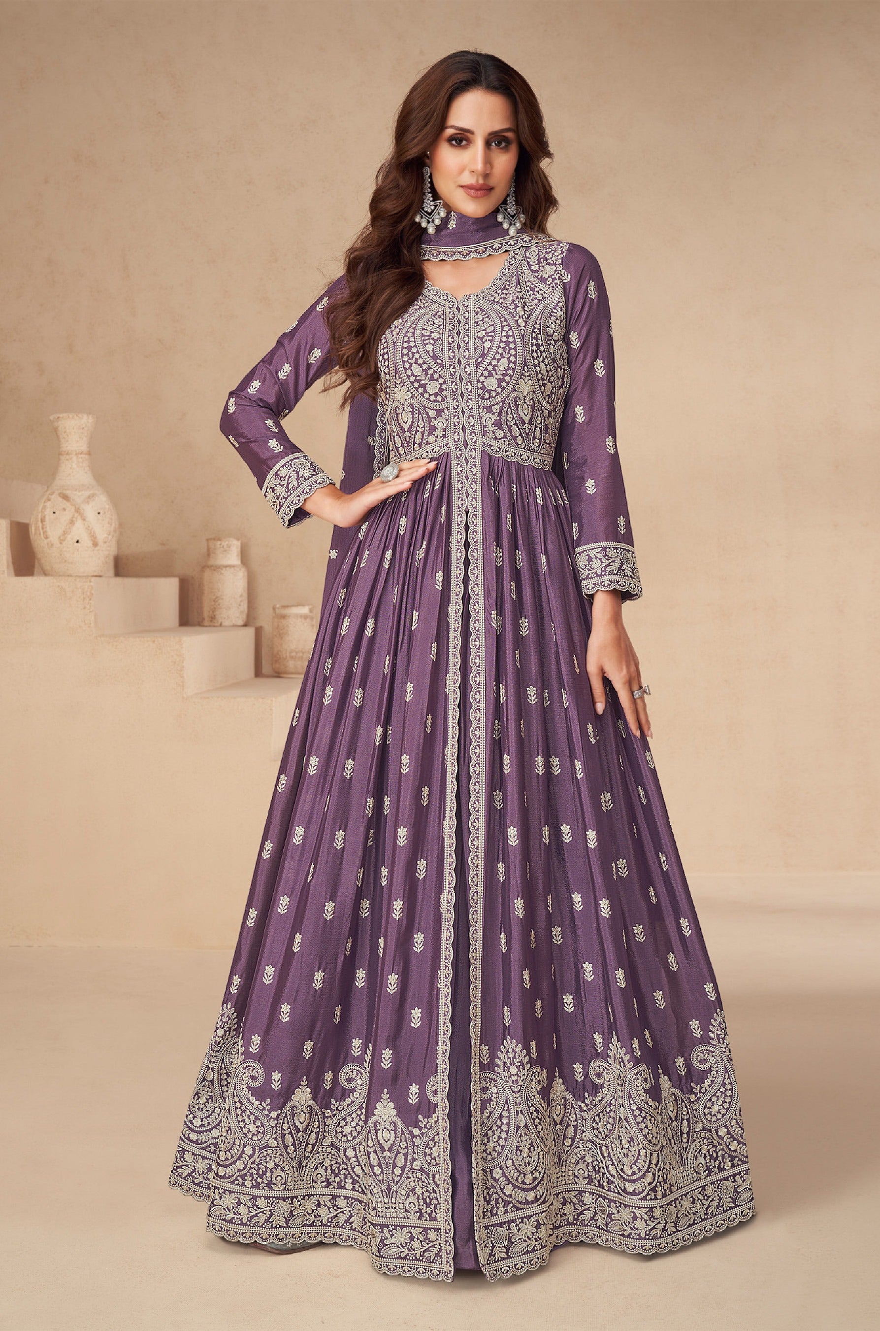 Purple Heavy Designer Suit With Heavy Embroidery Work