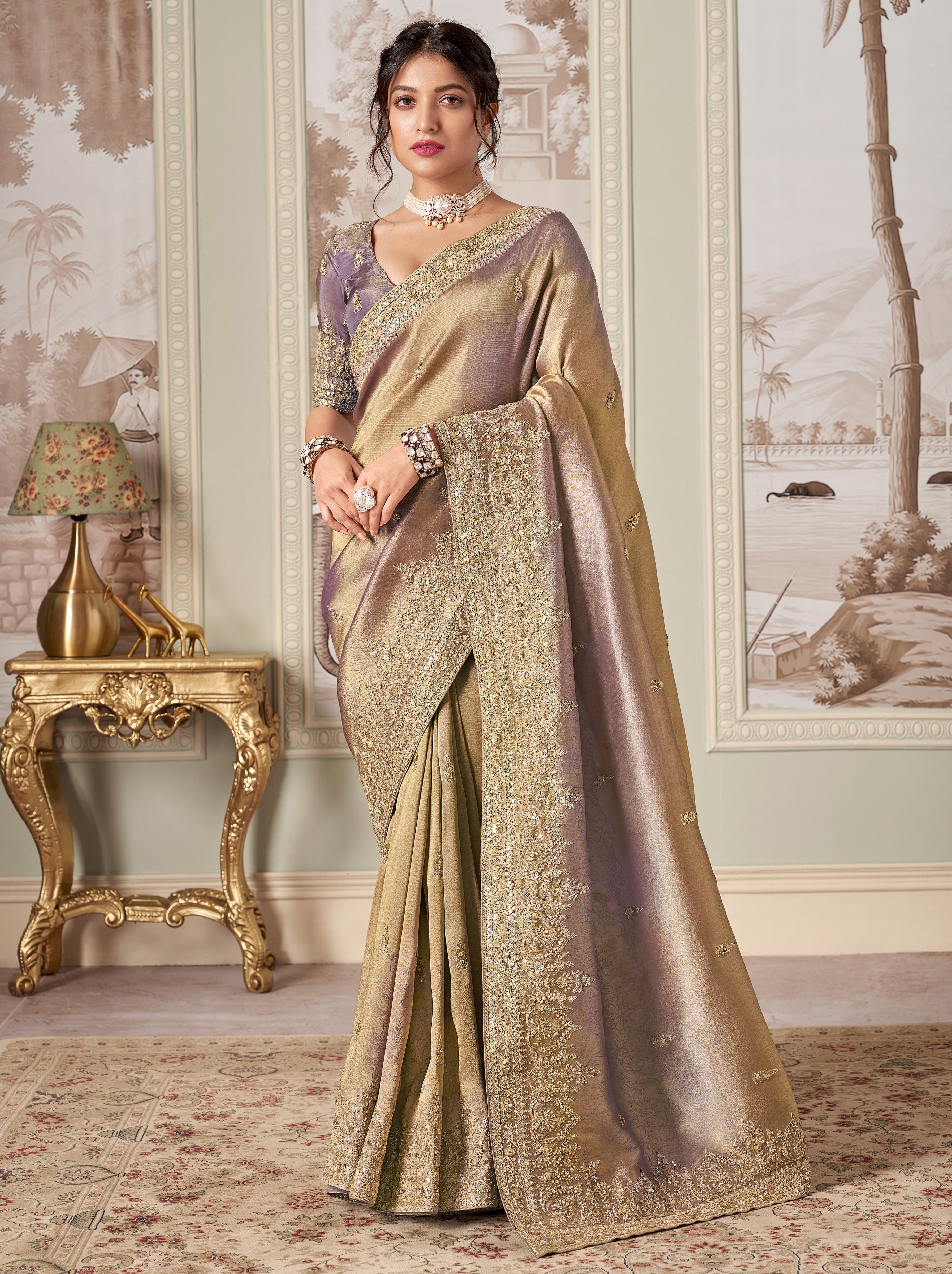 Purple Jacquard Saree with Thread  Sequins Work