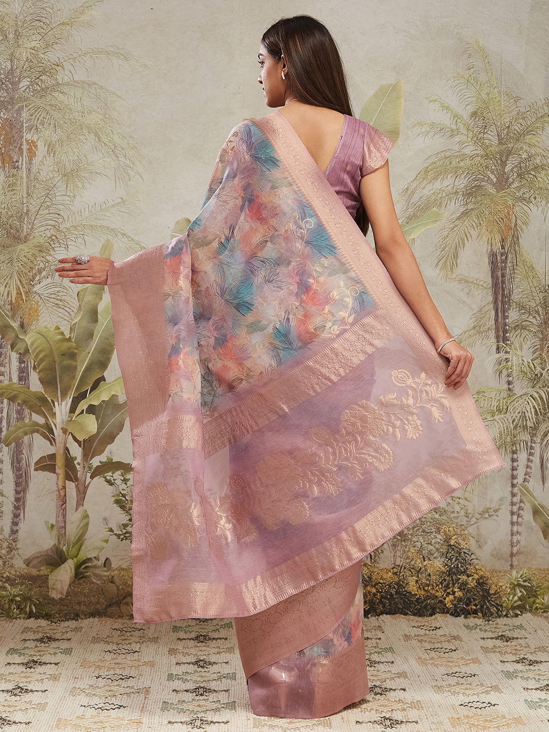 Purple Jacquard Silk Saree With Beautiful Floral Print Designer