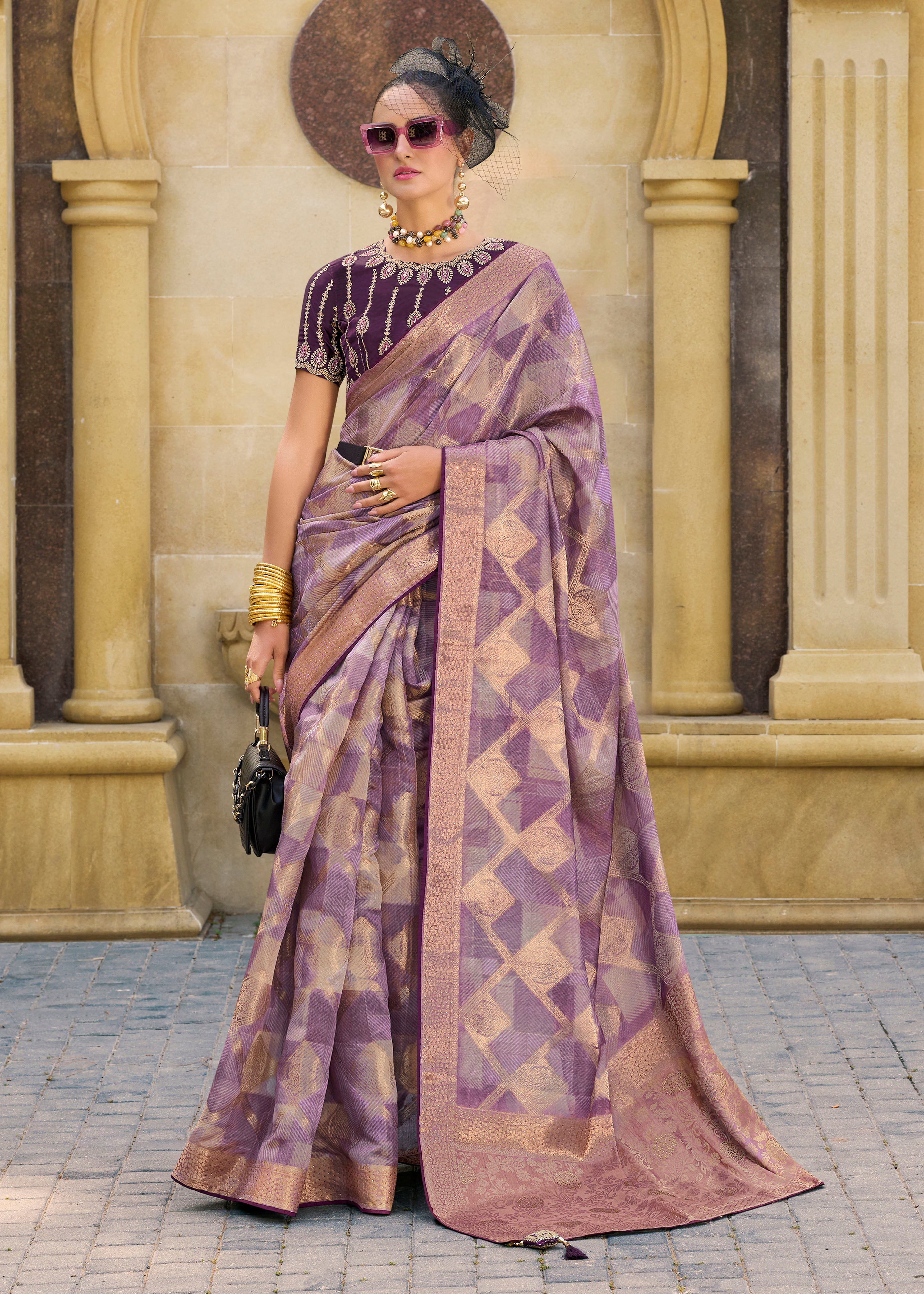 Purple Jacquard Silk Woven Saree With Embroidered Blouse