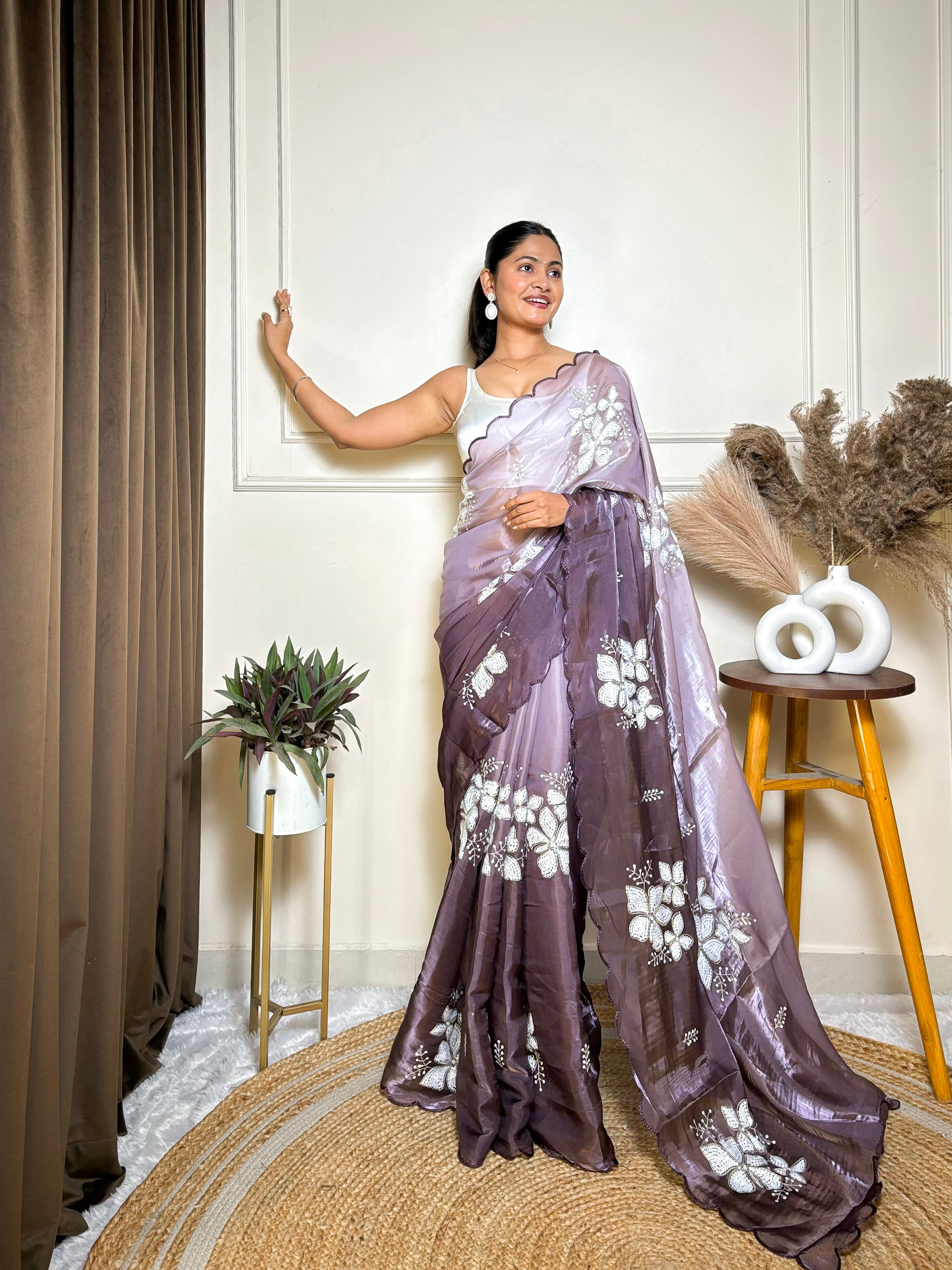 Purple Jimmy Choo Beautiful Sequins Embroidery Work Bollywood Saree