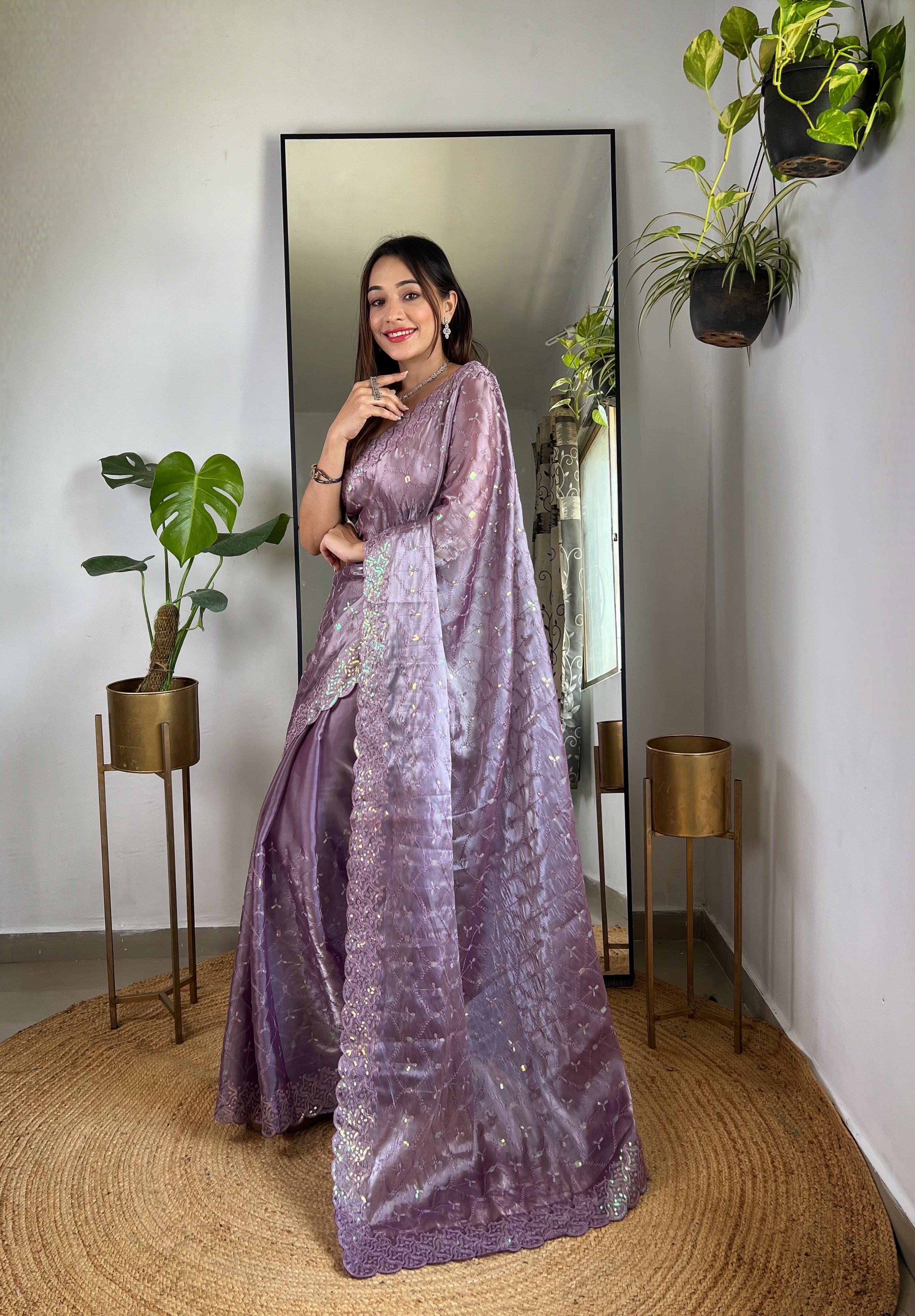 Purple Jimmy Choo Fabric Designer Bollywood Sequins Work Saree