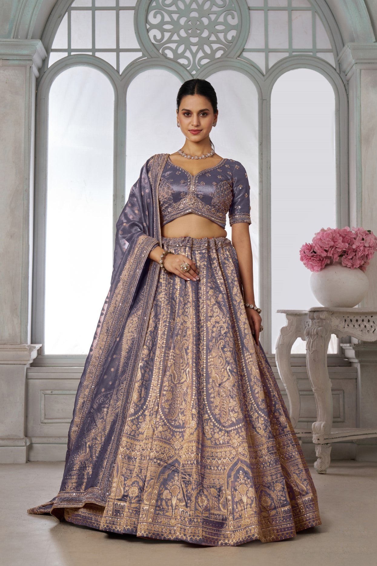 Purple Kanjivaram Tissue Jari Bridal Lehenga Choli with Beadwork