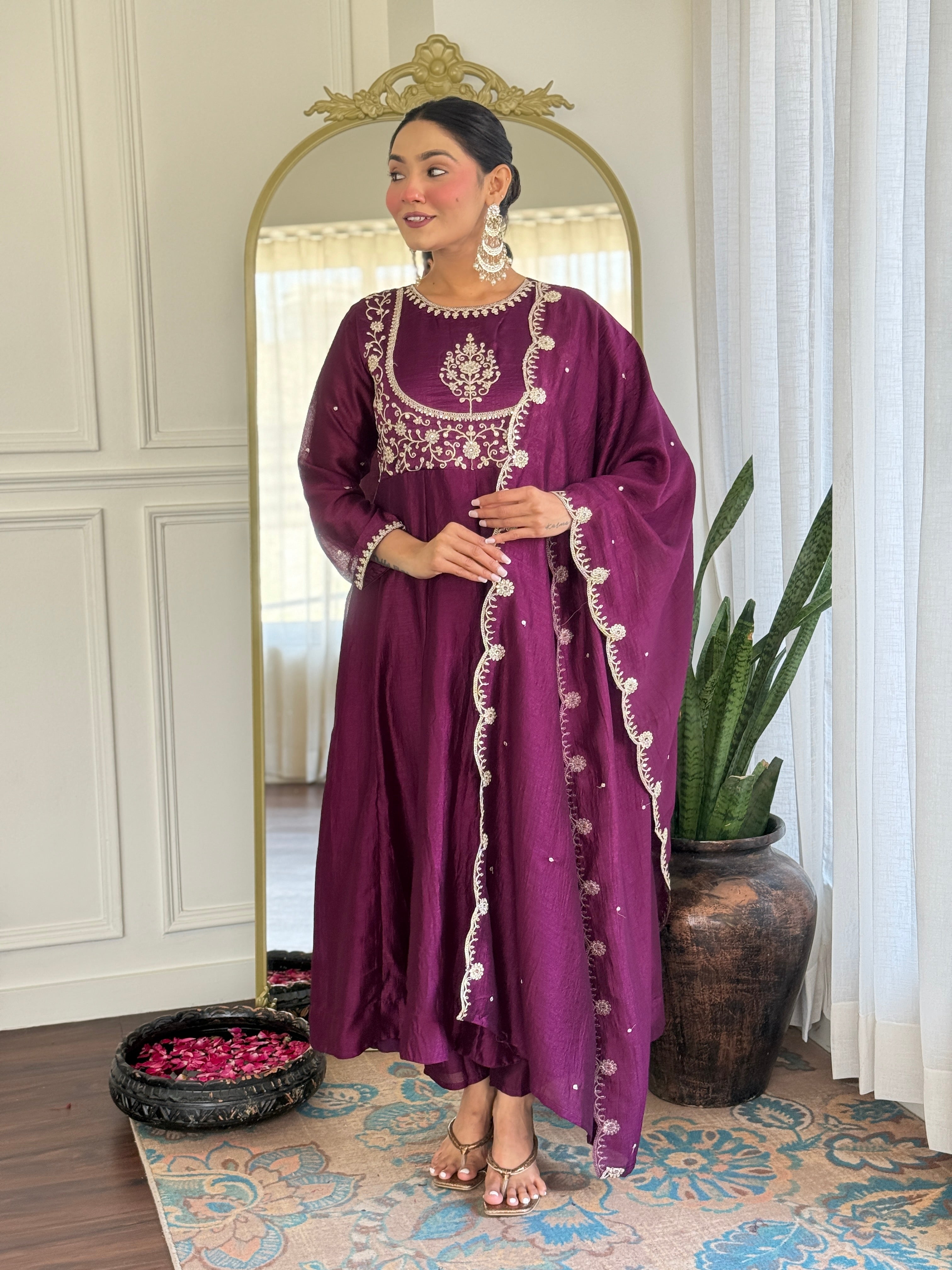 Purple Kurta Pant Set With Heavy Thread Embroidery Sequins Work