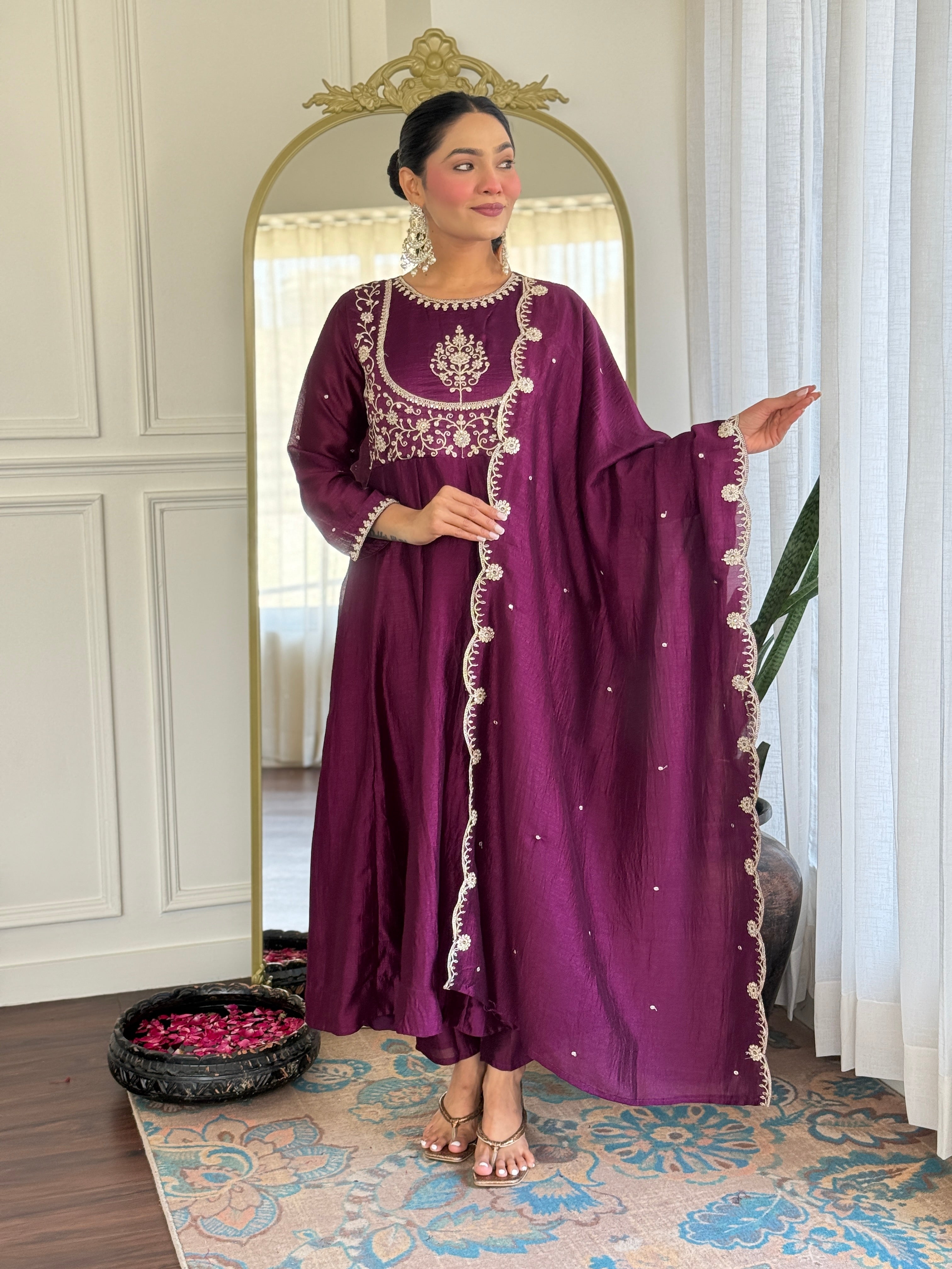 Purple Kurta Pant Set With Heavy Thread Embroidery Sequins Work