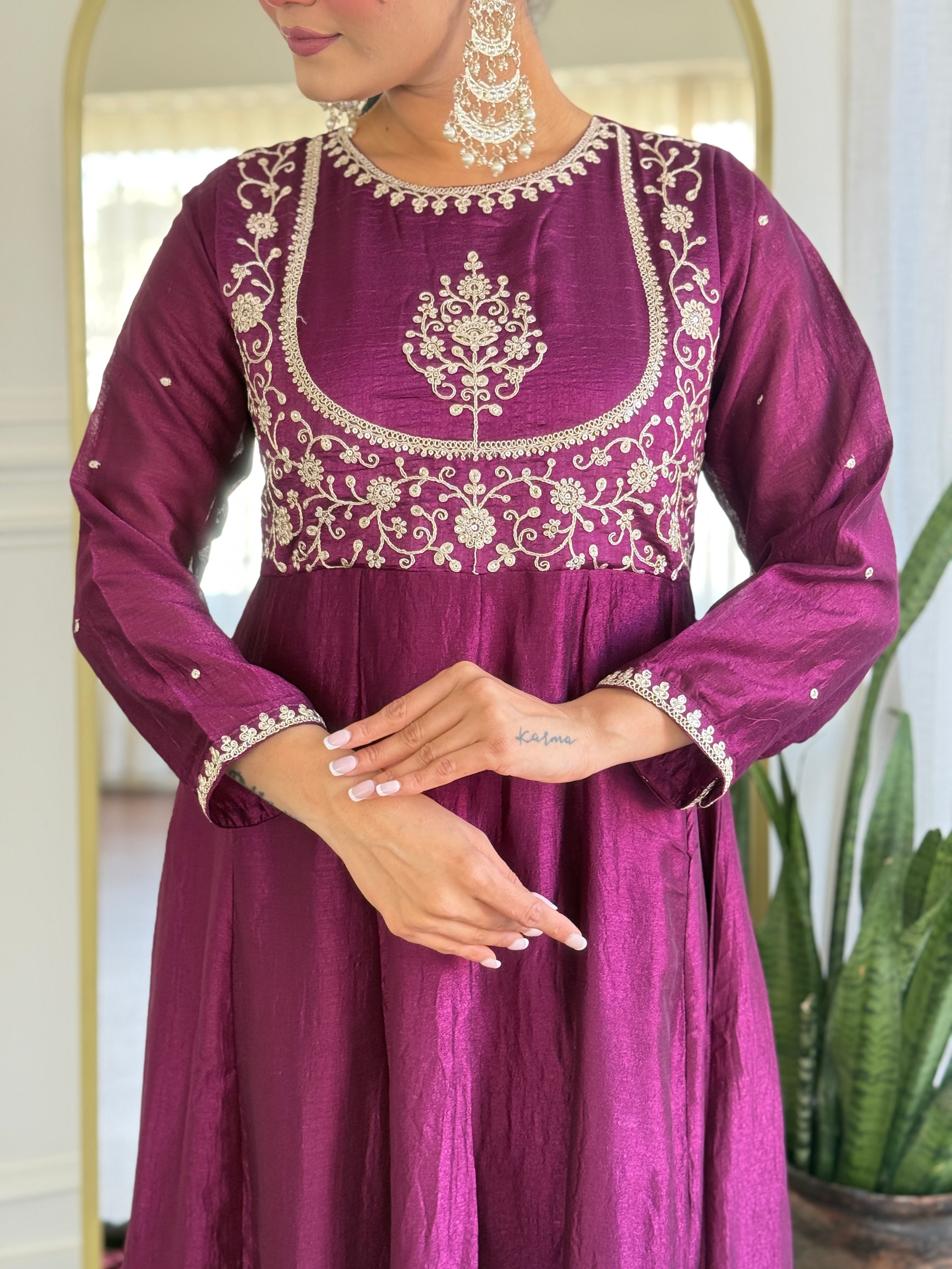Purple Kurta Pant Set With Heavy Thread Embroidery Sequins Work