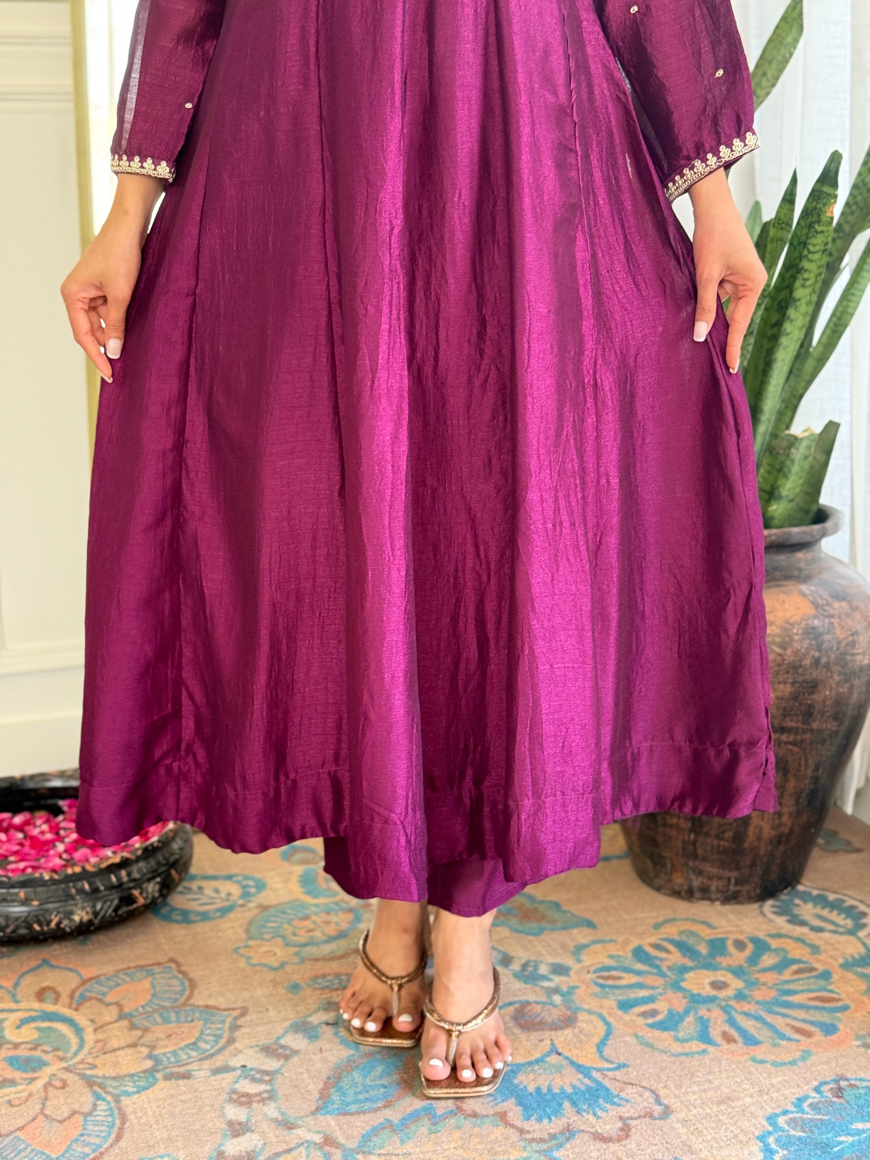 Purple Kurta Pant Set With Heavy Thread Embroidery Sequins Work