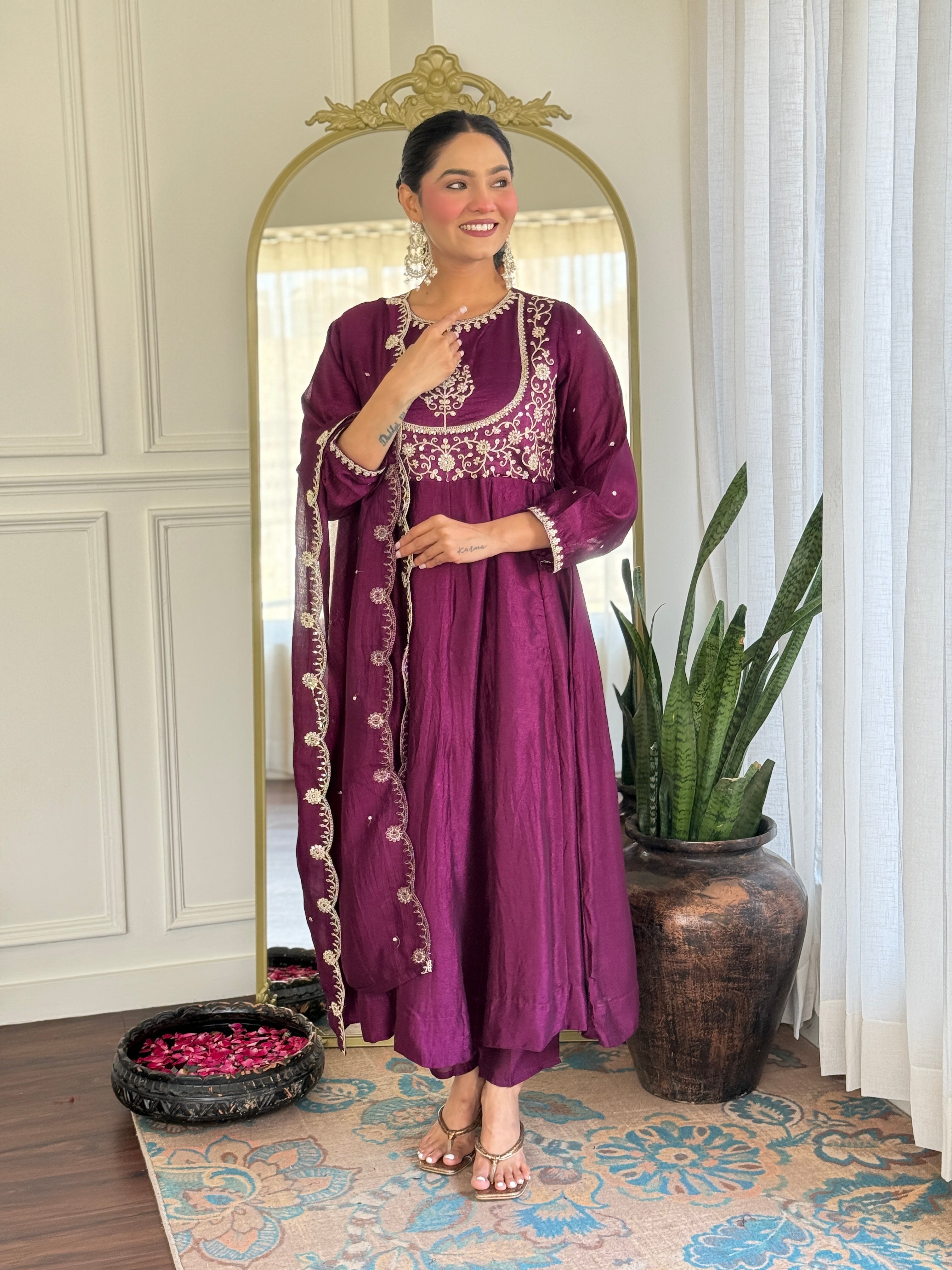 Purple Kurta Pant Set With Heavy Thread Embroidery Sequins Work