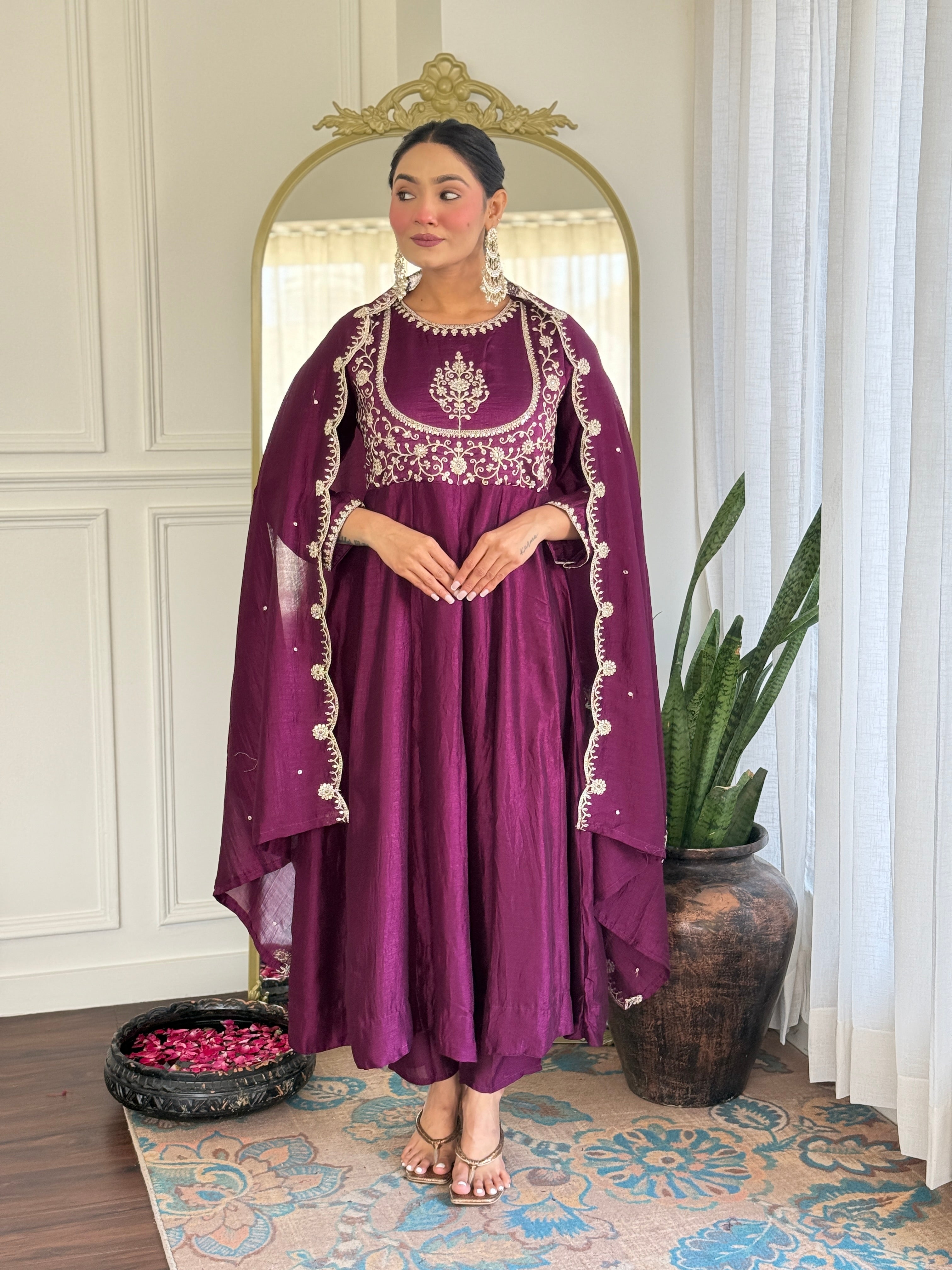 Purple Kurta Pant Set With Heavy Thread Embroidery Sequins Work