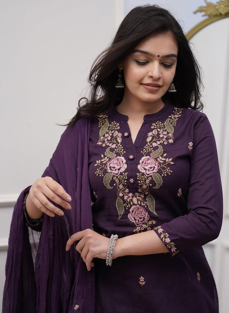 Purple Kurta Pant Set With Heavy Thread Embroidery Work