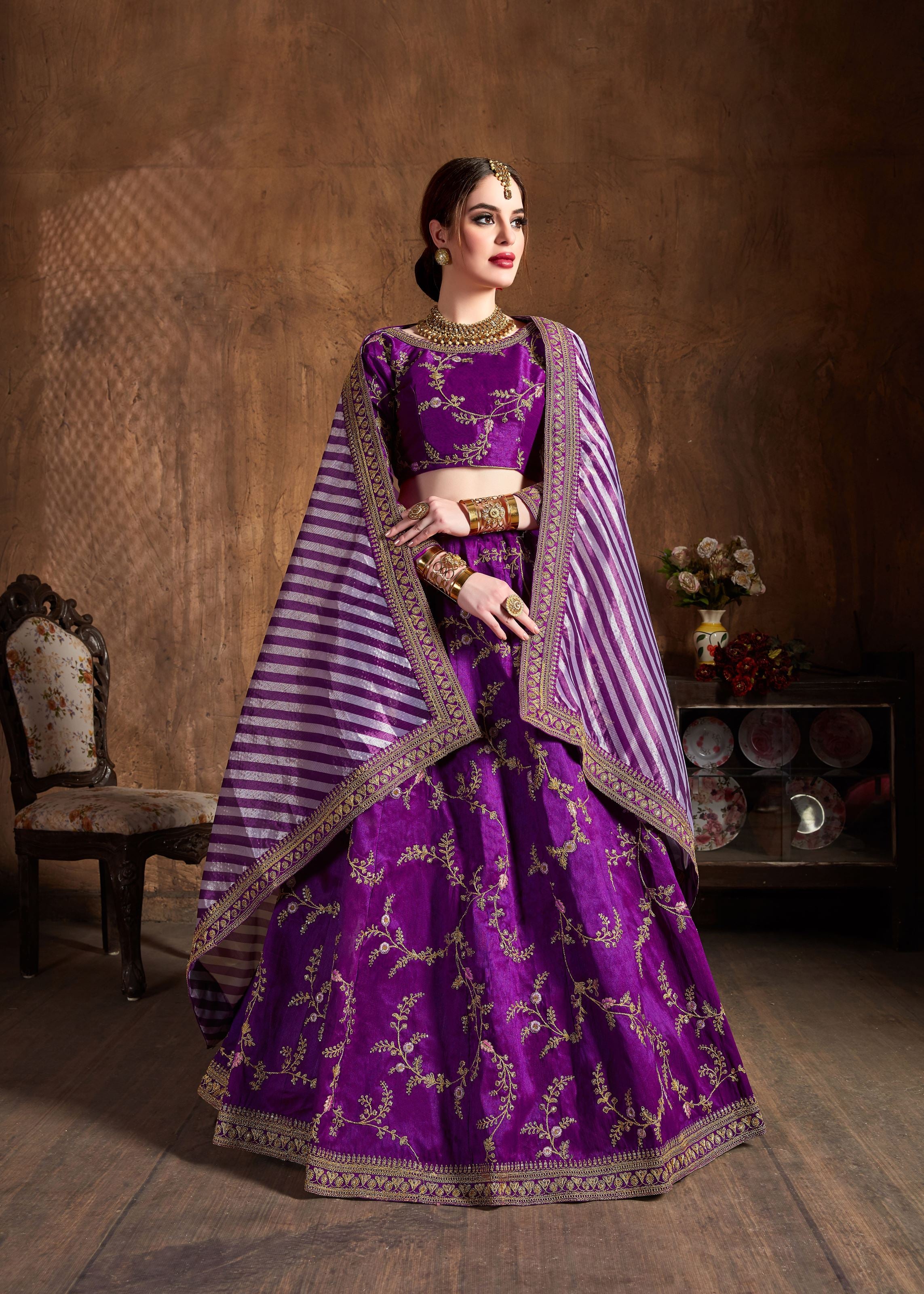 Purple Lehenga Choli With Zari, Sequins, Thread And Dori Embroidery