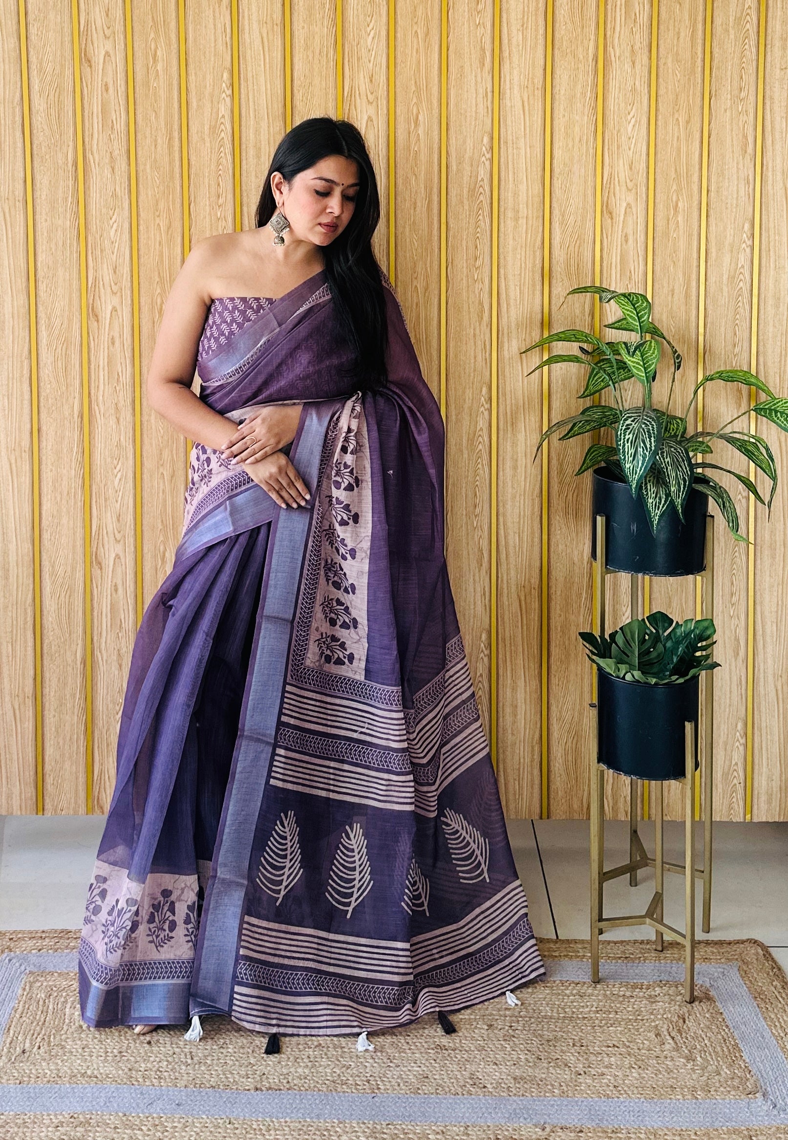 Purple Linen Cotton Digital Batik Printed Traditional Looks Saree