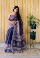Purple Linen Cotton Digital Batik Printed Traditional Looks Saree