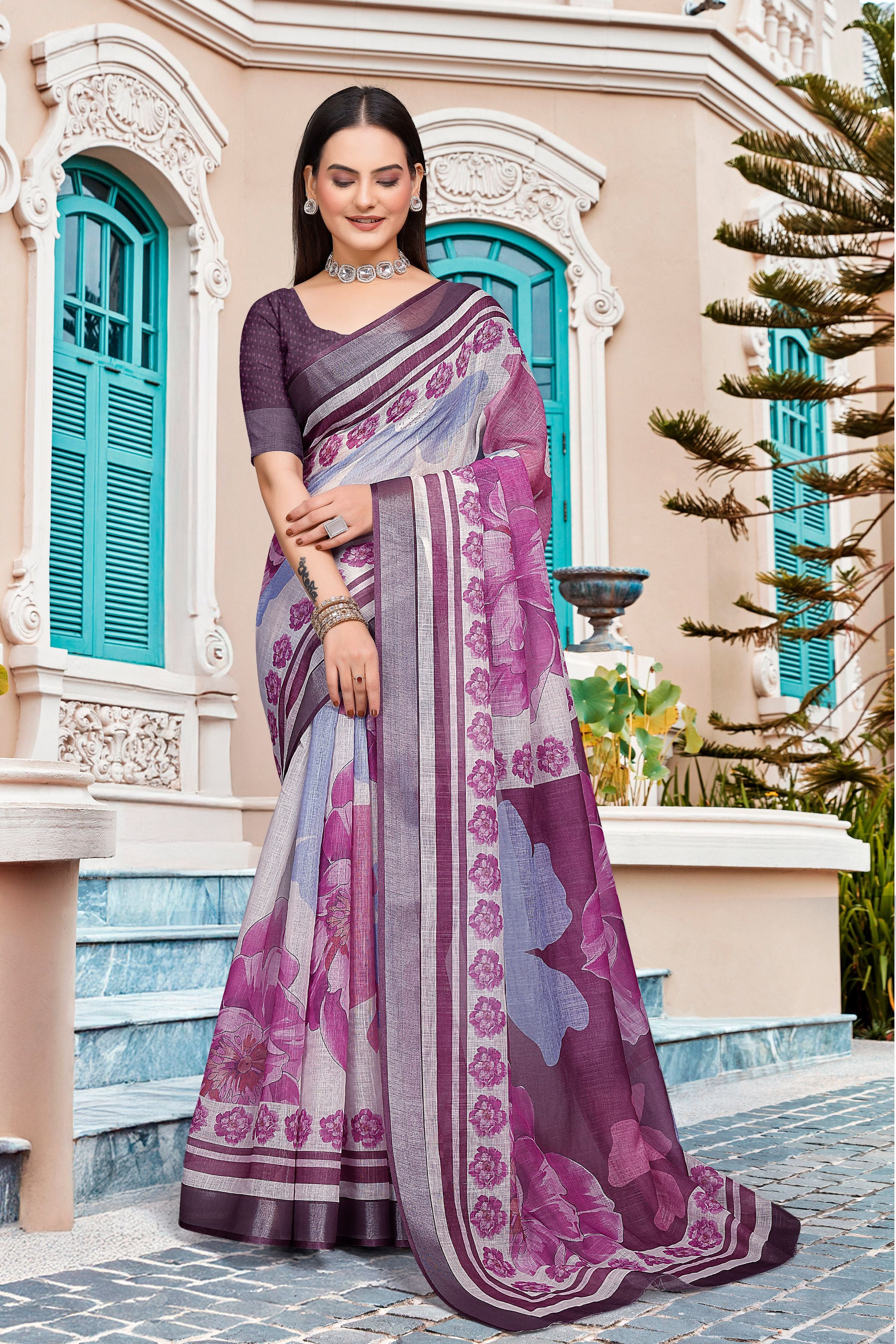 Purple Linen Cotton Woven Border Designer Printed Saree