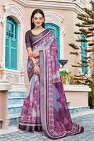 Purple Linen Cotton Woven Border Designer Printed Saree
