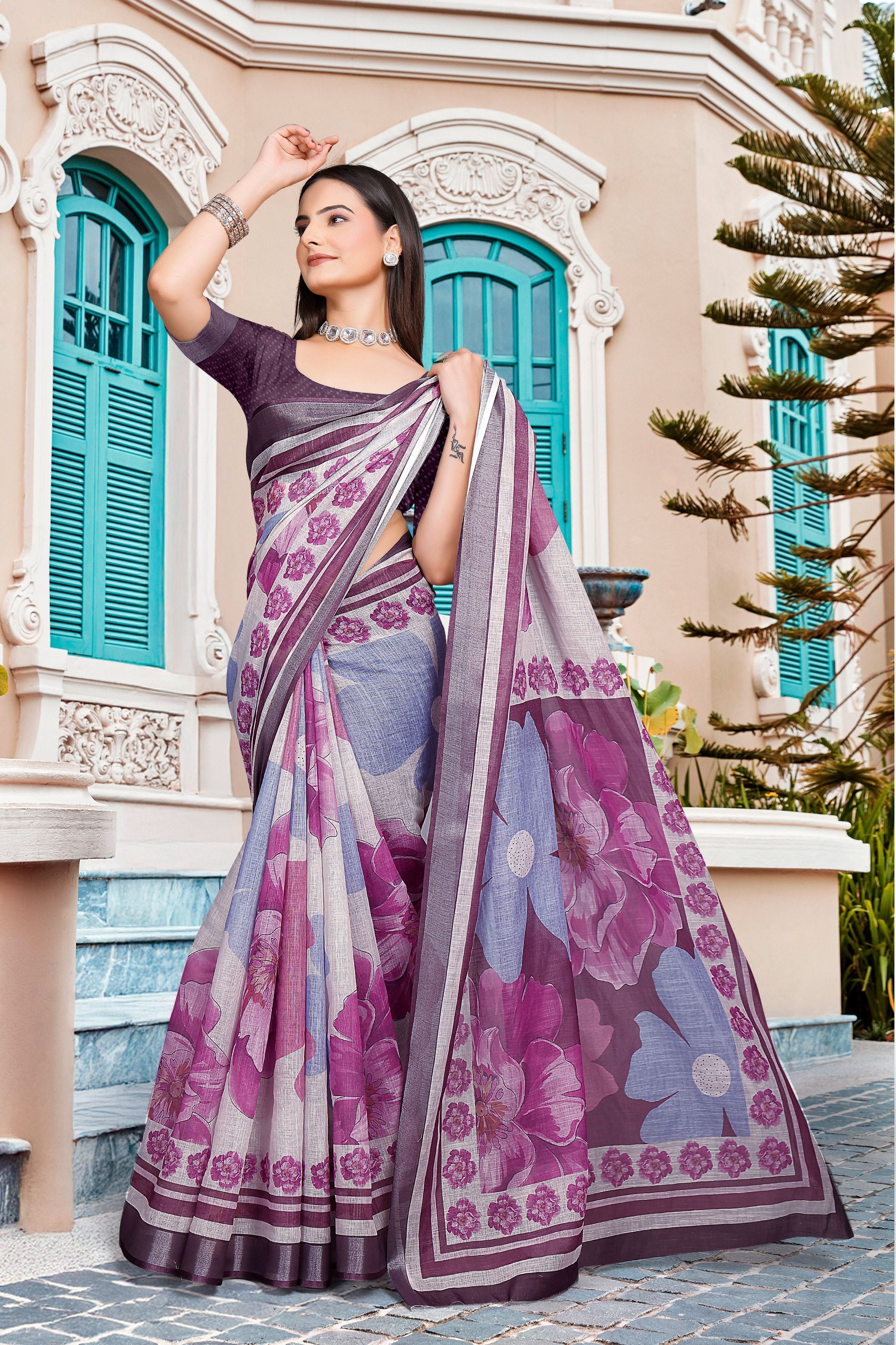 Purple Linen Cotton Woven Border Designer Printed Saree