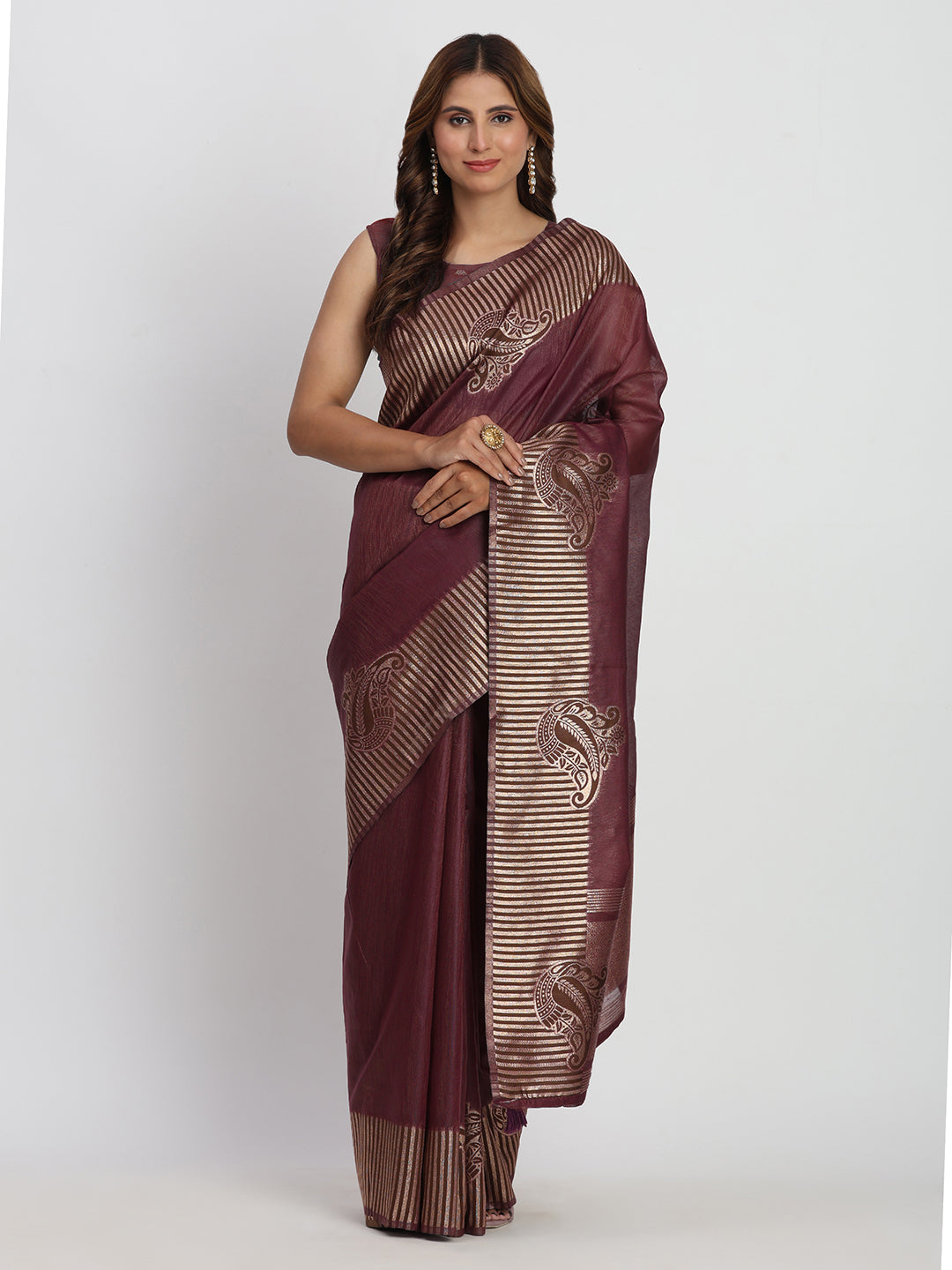 Purple Linen Cotton Woven Galla Designer Traditional Partywear Saree