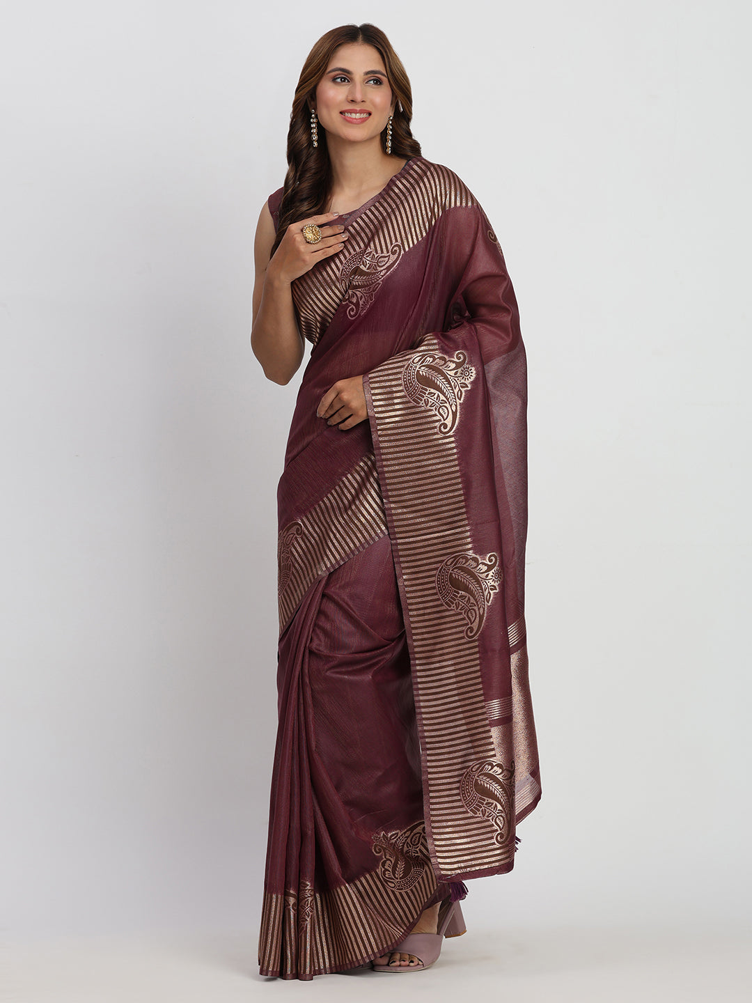 Purple Linen Cotton Woven Galla Designer Traditional Partywear Saree