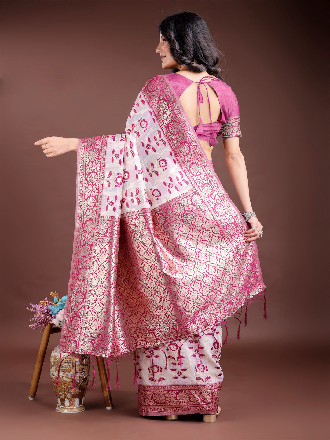 Purple Linen Cotton Woven Jacquard Designer Beautiful Festive Saree