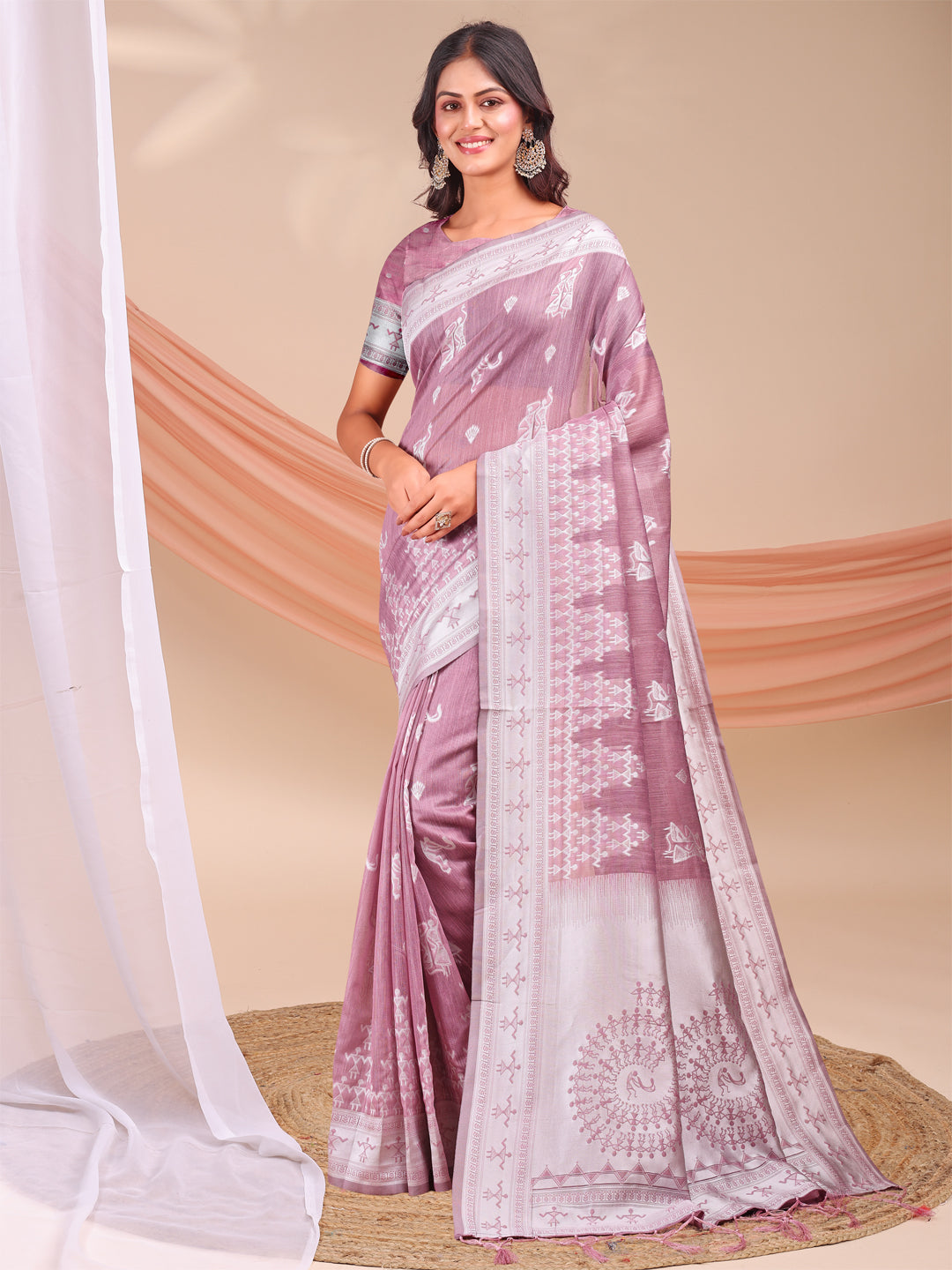 Purple Linen Cotton Woven Jacquard Designer Beautiful Partywear Saree