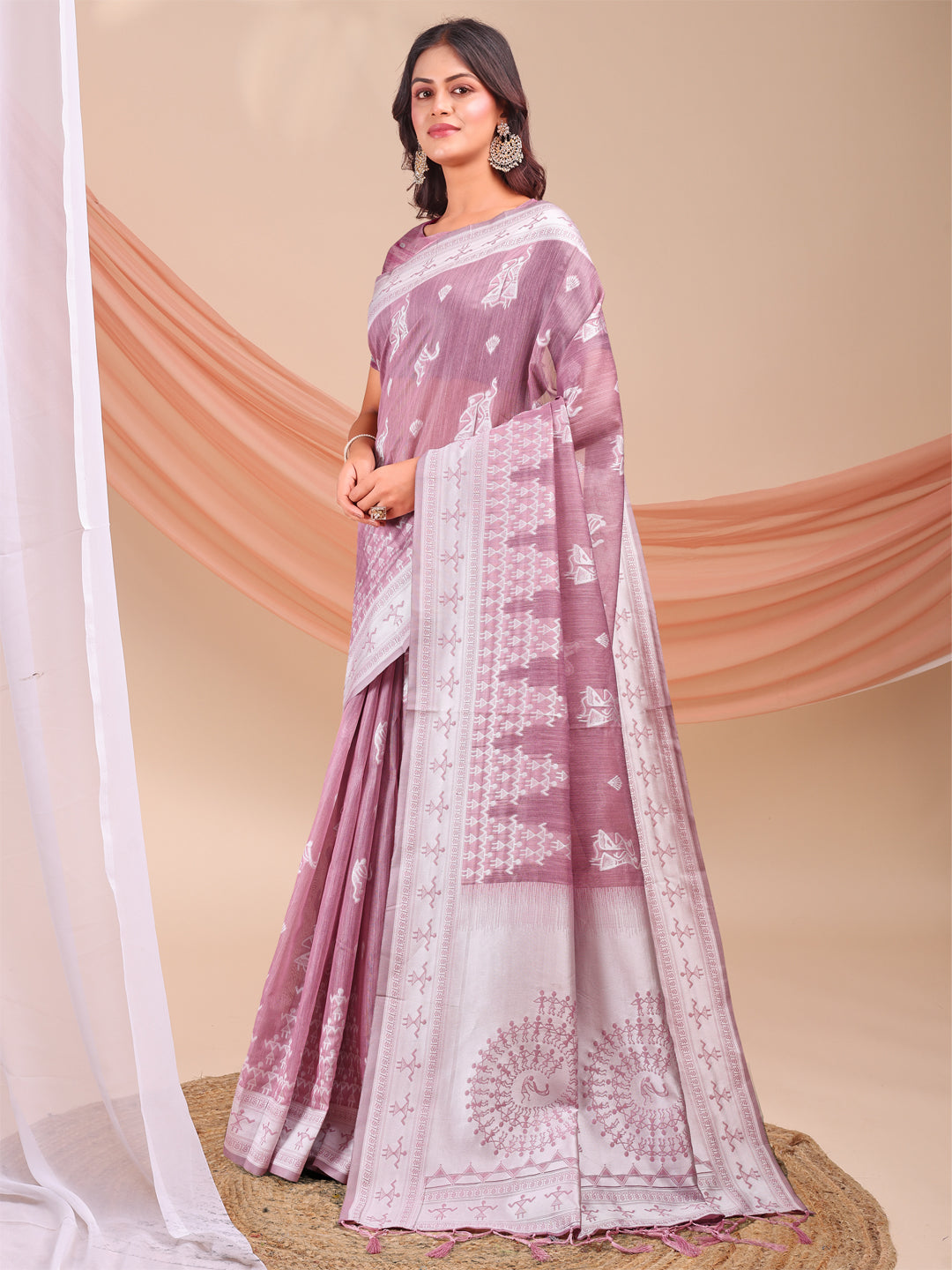 Purple Linen Cotton Woven Jacquard Designer Beautiful Partywear Saree