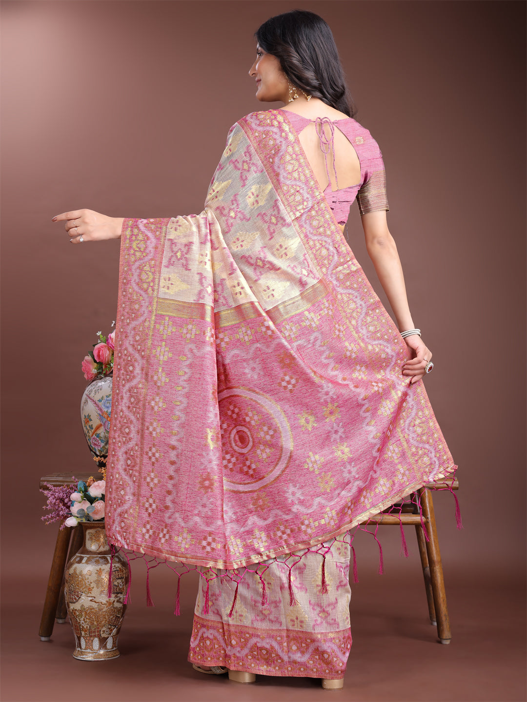 Purple Linen Cotton Woven Jacquard Designer Beautiful Traditional Saree