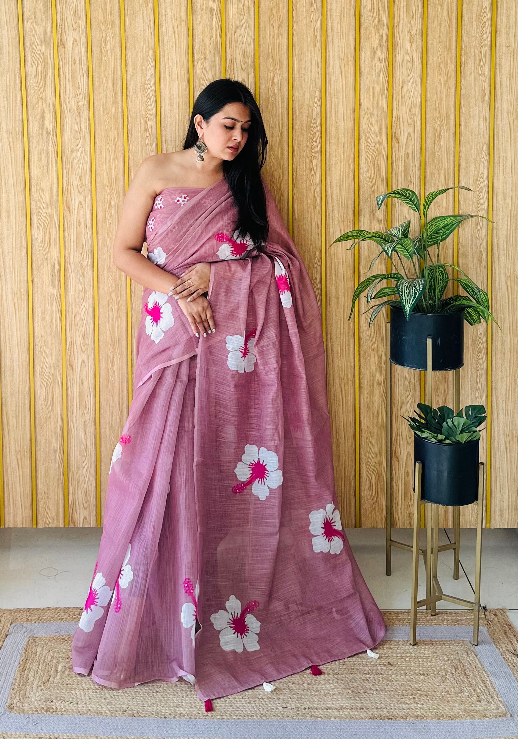 Purple Linen Floral Printed Girlie Looks Saree