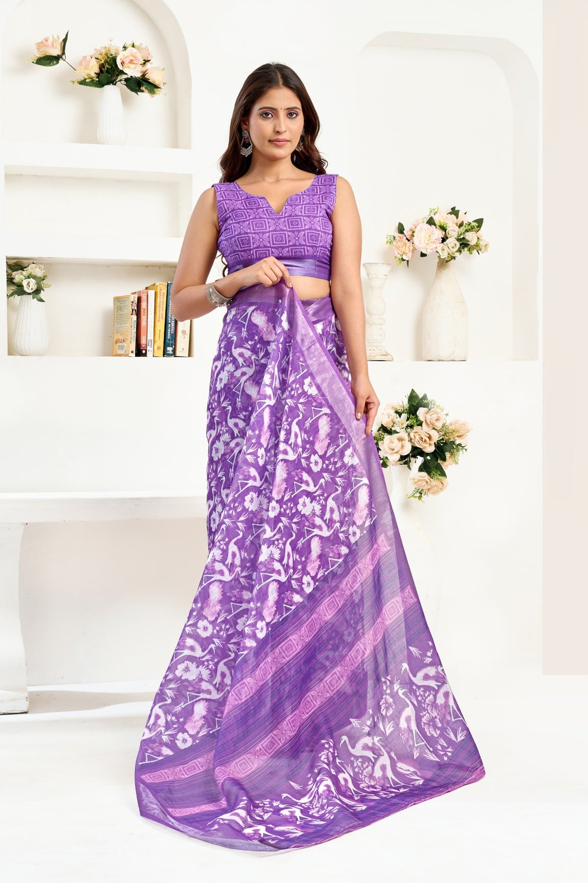Purple Linen Ready To Wear Saree With Zari Border Printed